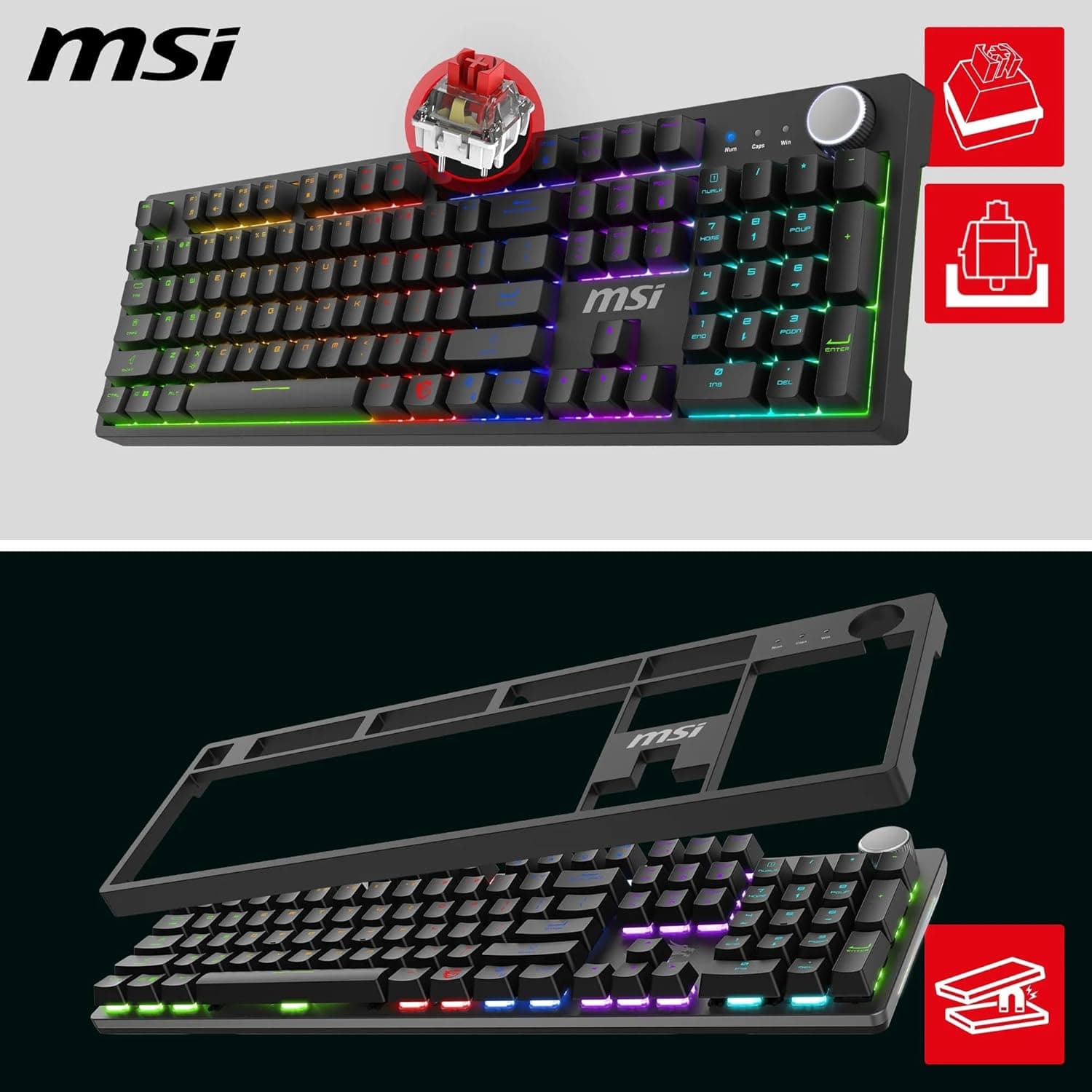 MSI Forge GK320 FR Clavier Gaming Mécanique - AZERTY, Disposition FR, switches Red (Linéaires) interchangeables, Couvercle magnétique, Touches ergonomiques, LED RGB, USB 2.0 - Pleine Taille