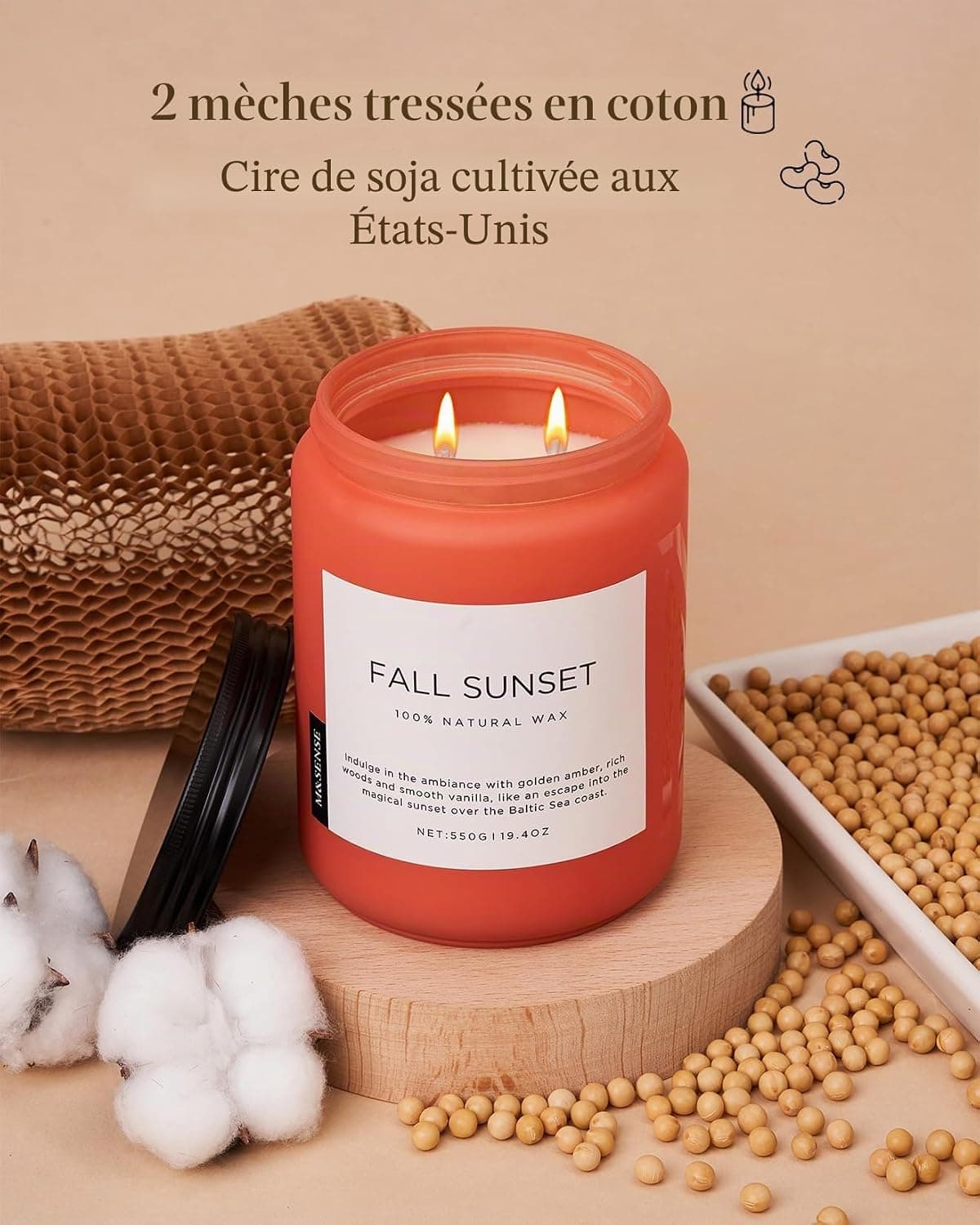 M&SENSE Bougie parfumée en Bois D'ambre, Grande Bougie de soja de 550 g, Durée de Combustion de 110 heures, Aromathérapie Lente Naturelle et Biologique, Bougie Cadeau pour les Femmes