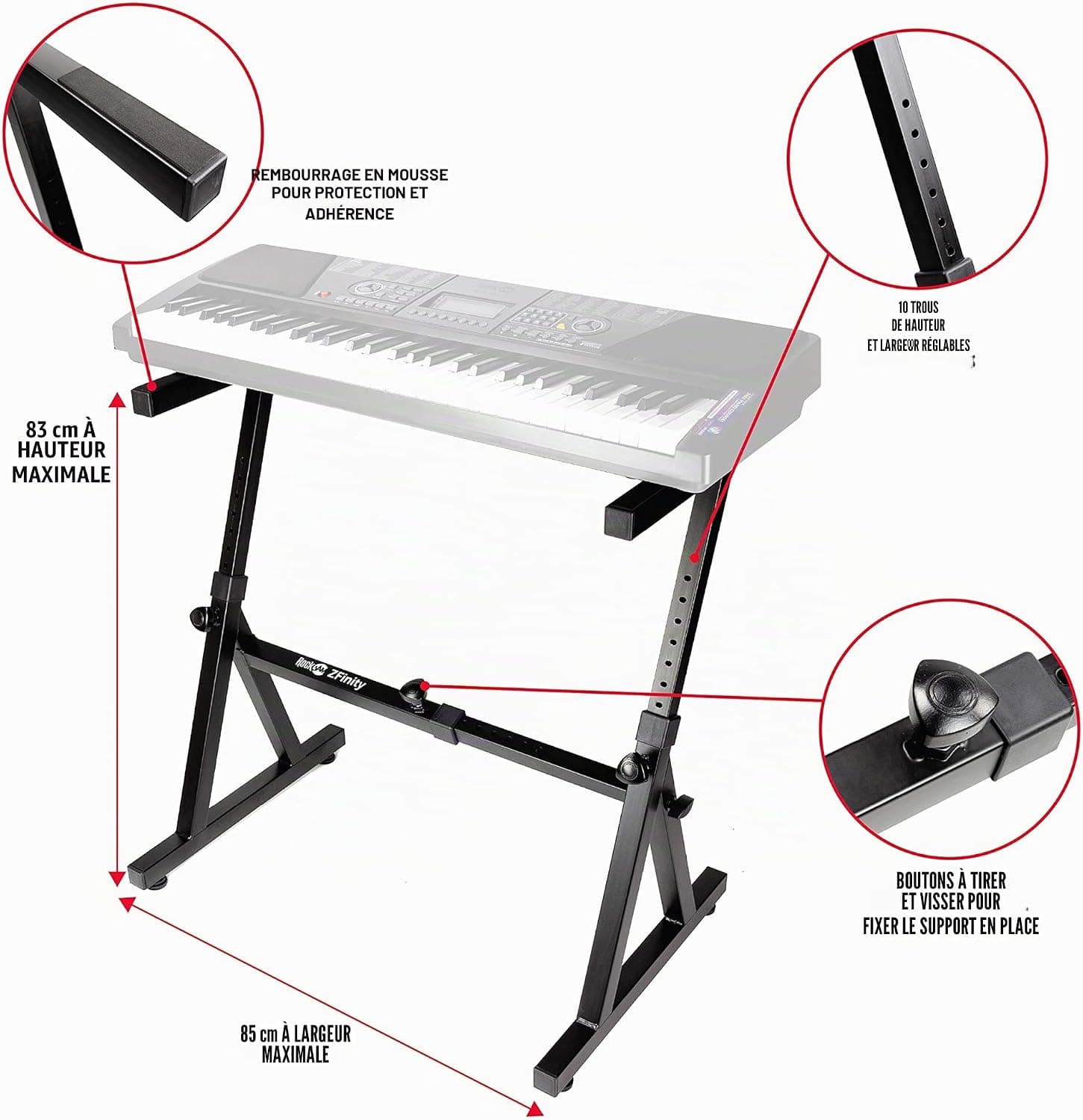 RockJam RJZZ363 Support de Clavier en Z Robuste pour Piano Numérique | Support de clavier en Z à 8 hauteurs pour pianos numériques, entraînement à domicile, leçons, studios et scène