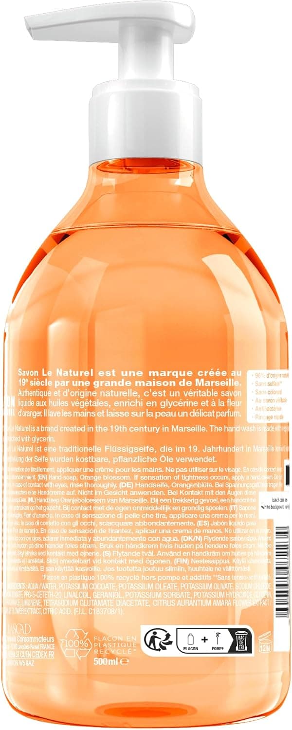 Savon Le Naturel Liquide Marseille Fleur d'Oranger Antibactérien 500ml
