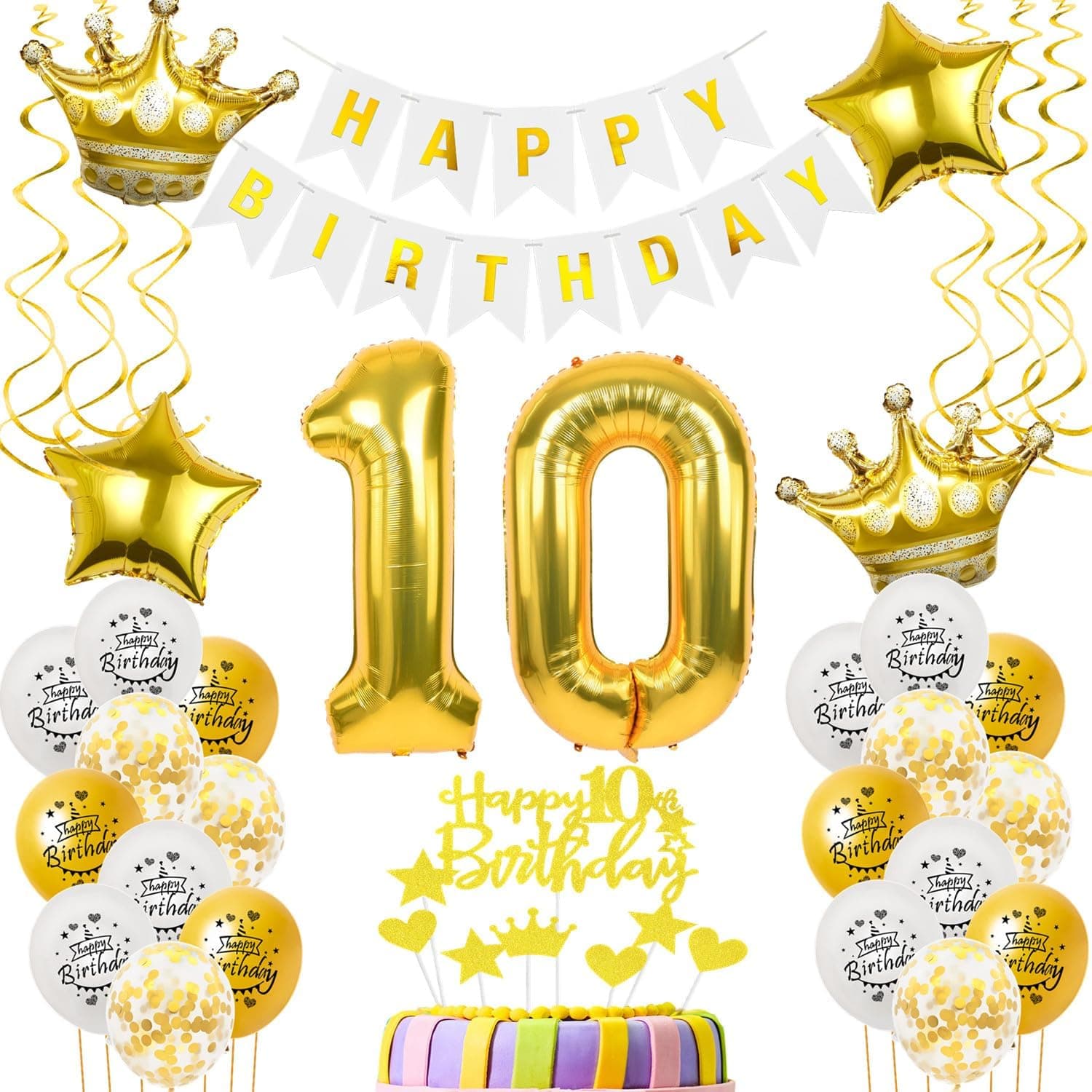 Ballon Anniversaire 10 Ans Or - Décoration Gateau pour Fille et Garçon - Birthday Blanc