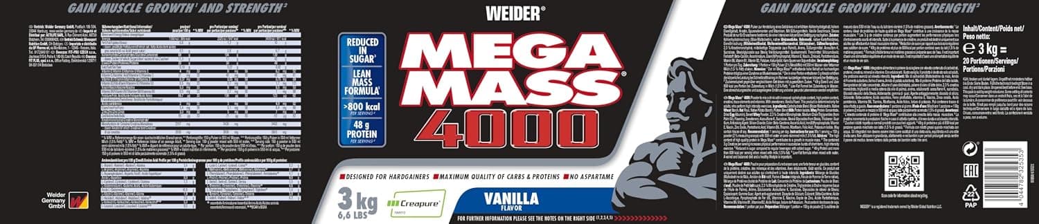 Weider Mega Mass 4000, 3kg, Vanille