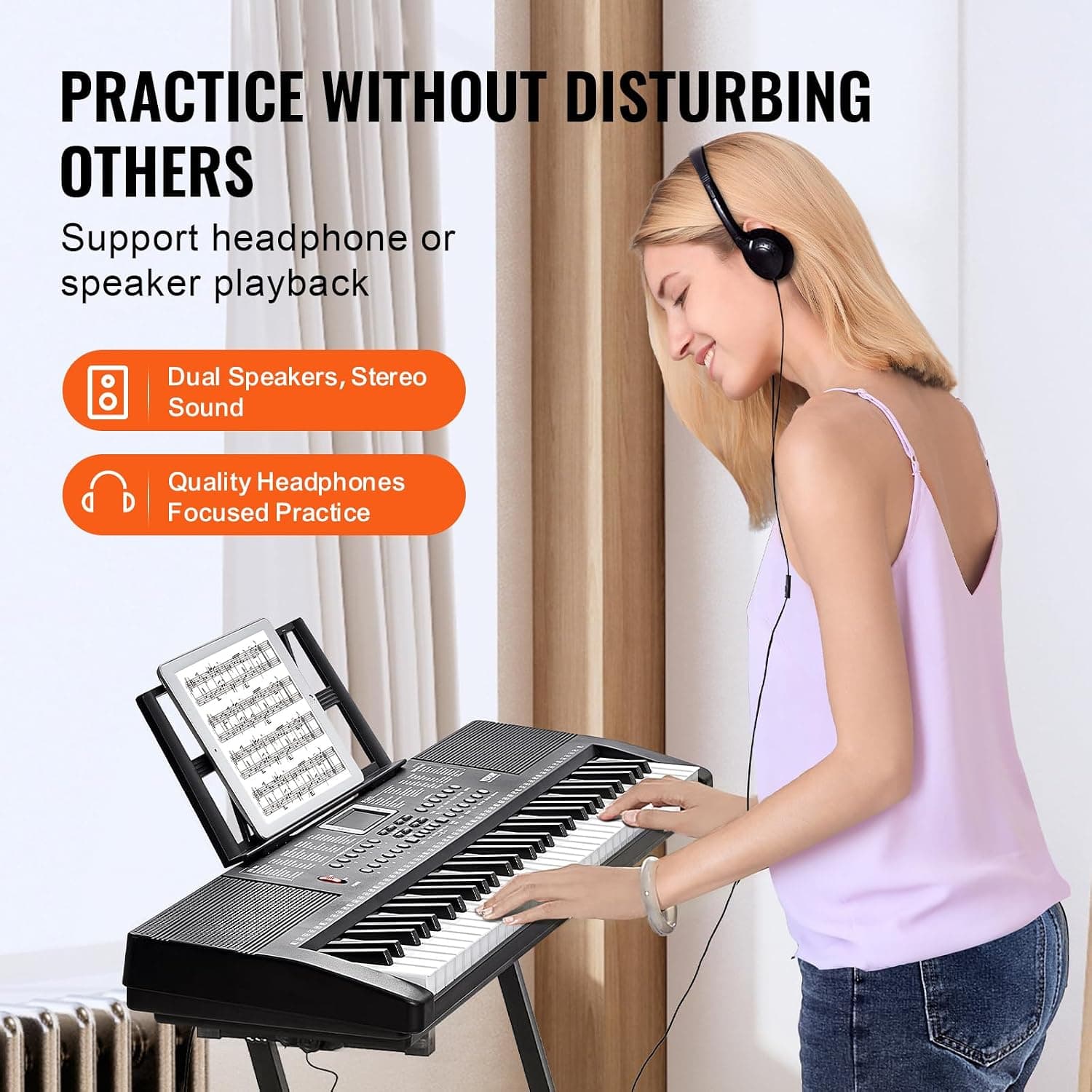VEVOR Clavier Piano Numérique, 61 Touches, Ensemble Piano à Clavier Électrique Portable, 200 Tons, 200 Rythmes, 60 Chansons de Démonstration, Haut-parleurs Intégrés, Casque, Microphone, pour Débutants