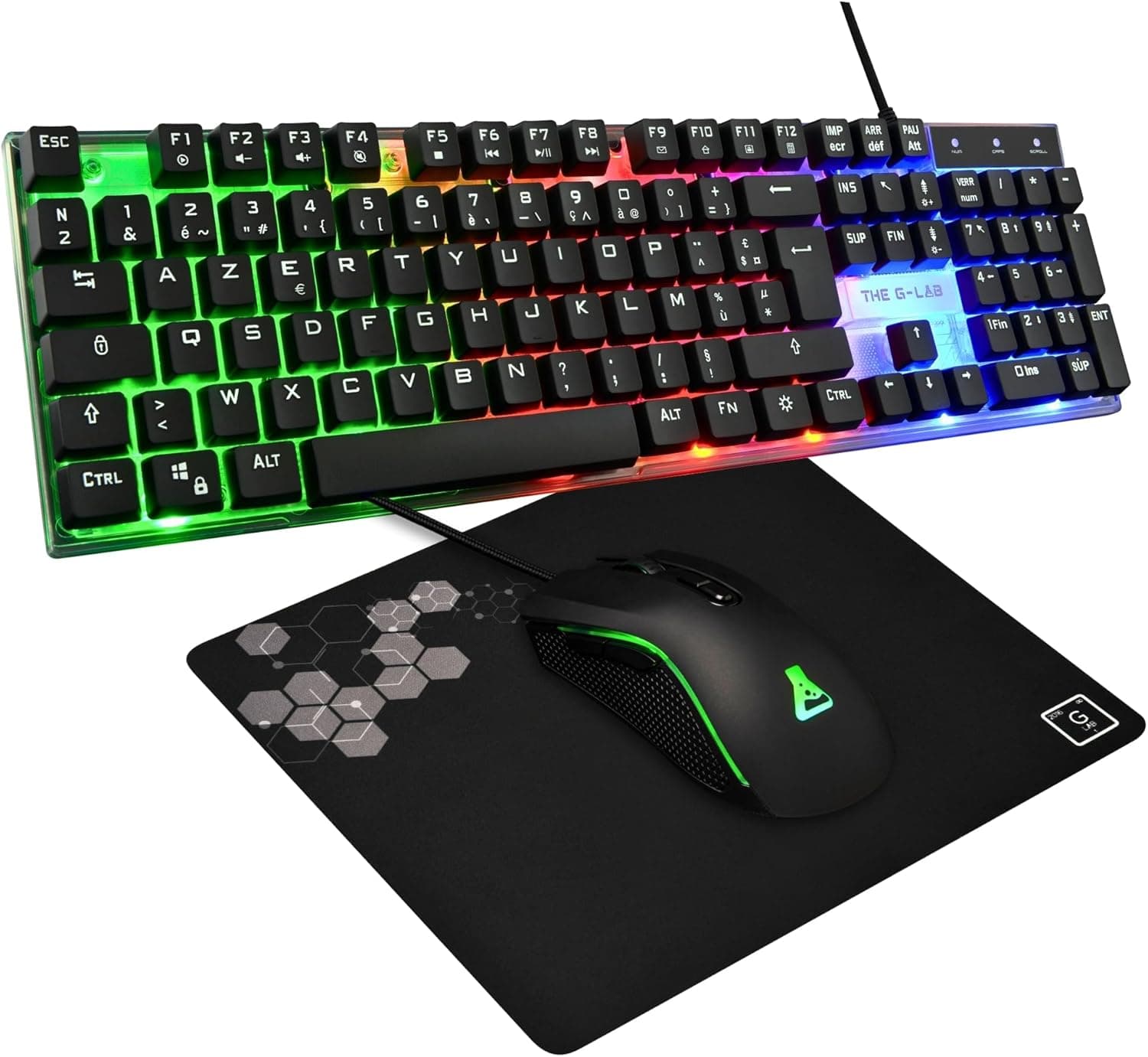 The G-Lab Combo Yttrium - Pack Gaming Clavier Souris Tapis RGB AZERTY FR | Clavier 105 Touches + Anti-Ghosting 19 Touches, Souris 2400 DPI, Tapis de Souris, RGB, Compatible PC/PS4/PS5