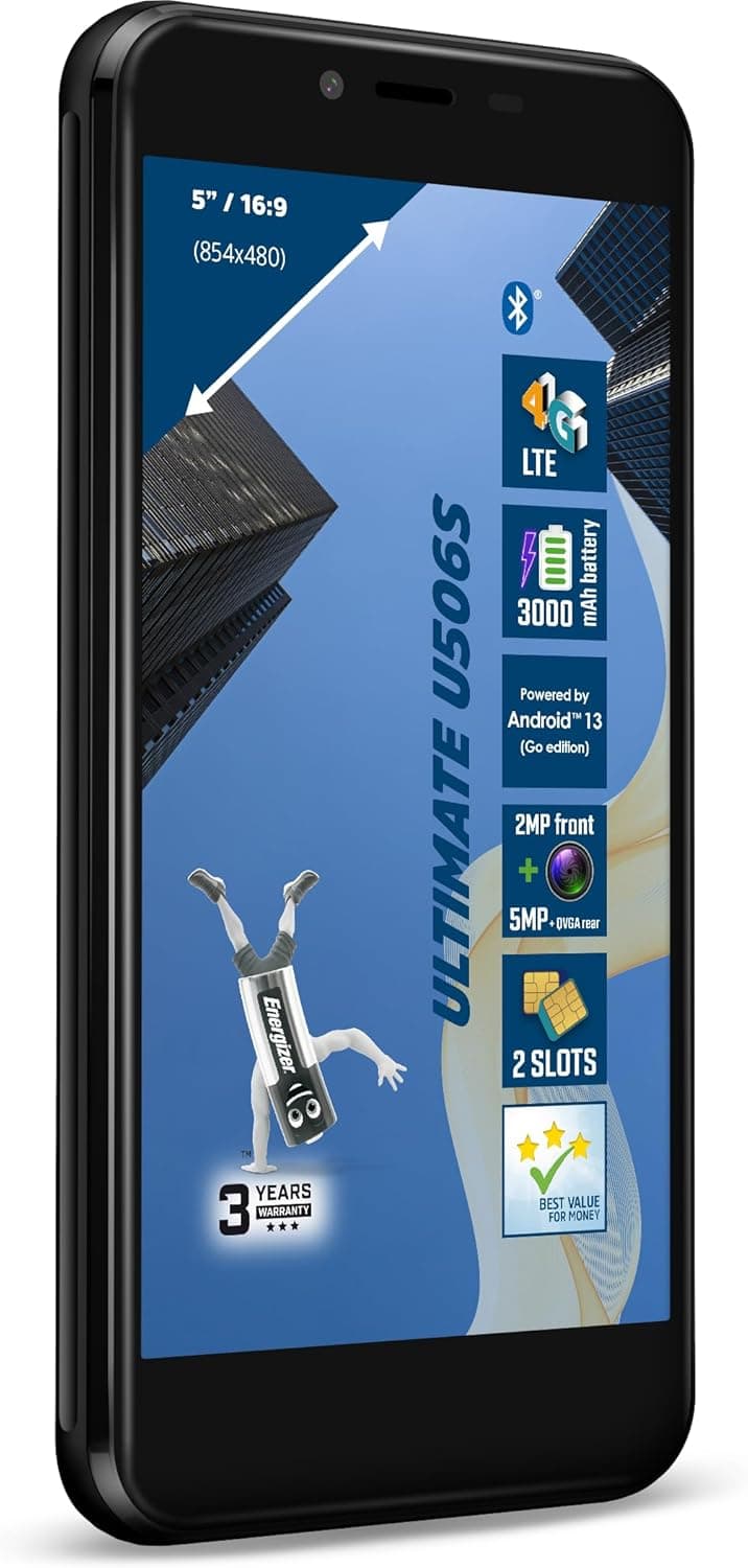 Energizer - Smartphone U506S - Pas Cher Débloqué 2GB RAM / 32GB ROM - Ecran 5" - 3000 mah Batterie - Caméra 5MP+QVGA arrière / 2MP Avant - Android 13 GO - Noir - Double SIM