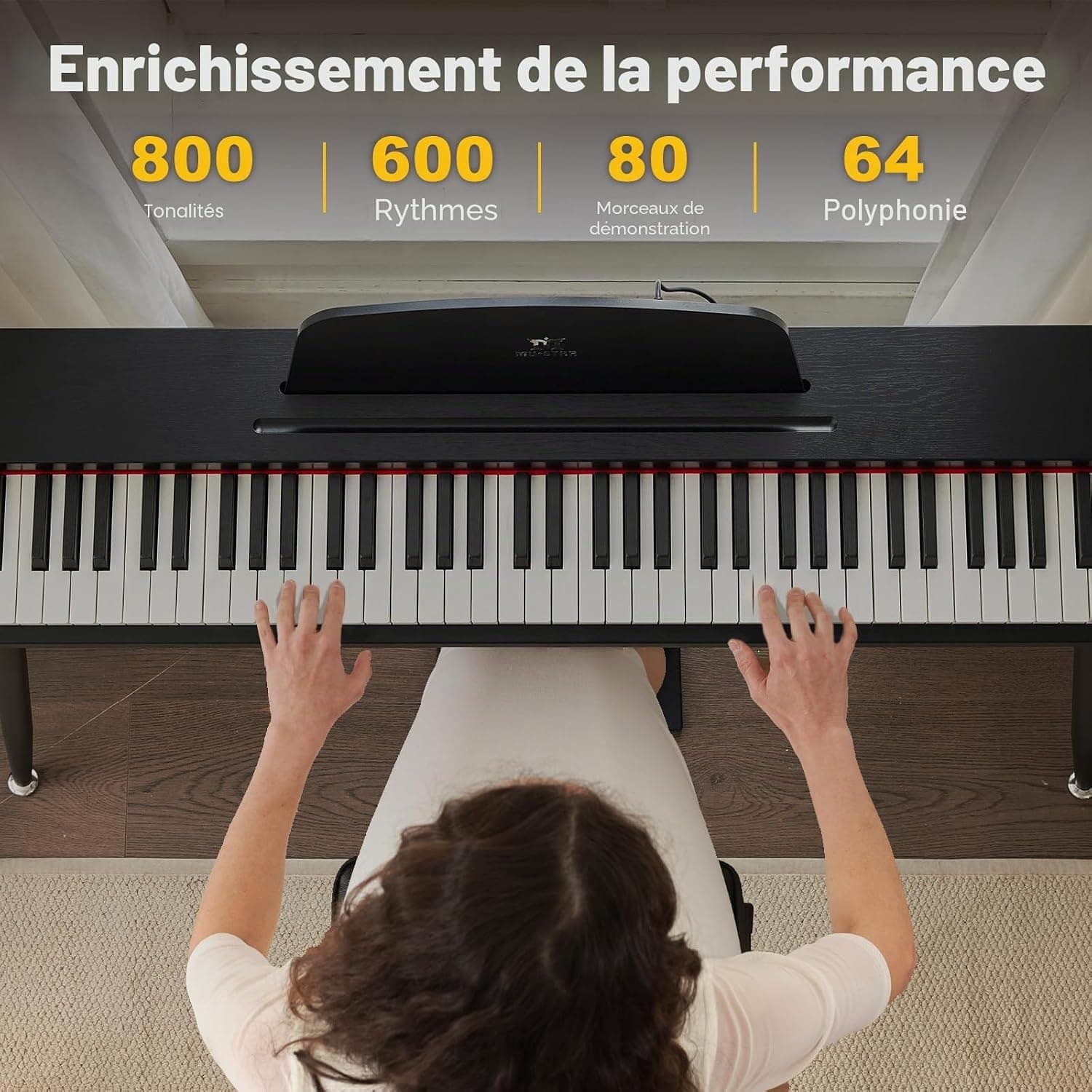 MUSTAR Piano numérique 88 touches pour débutants, clavier piano taille complète avec 3 unités de pédale, piano électrique portable, piano numérique pour la maison avec MIDI-USB et support, Noir