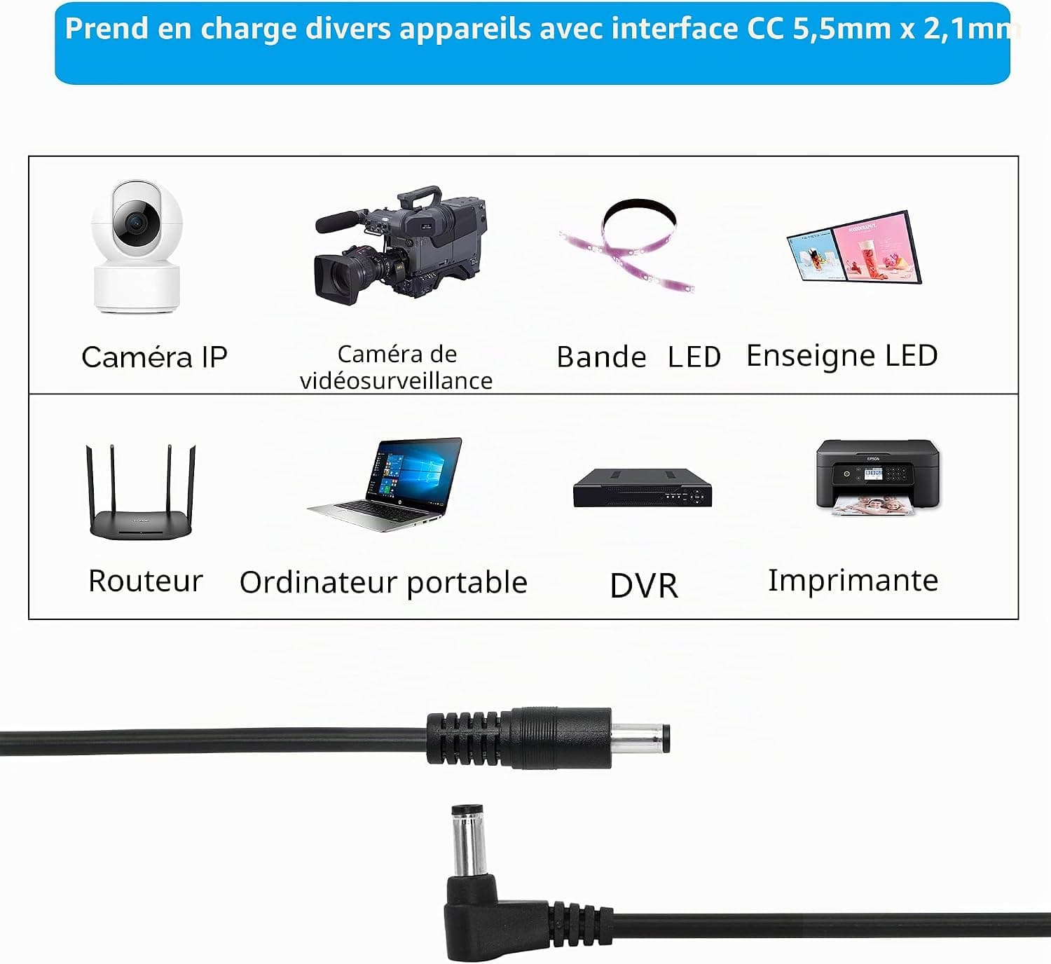 GINTOOYUN Lot de 2 câbles d'alimentation CC vers CC à angle droit - 24 AWG CC - 5,5 mm x 2,1 mm mâle vers fiche CC 90 degrés - Pour éclairage de bande, CCTV, voiture, etc