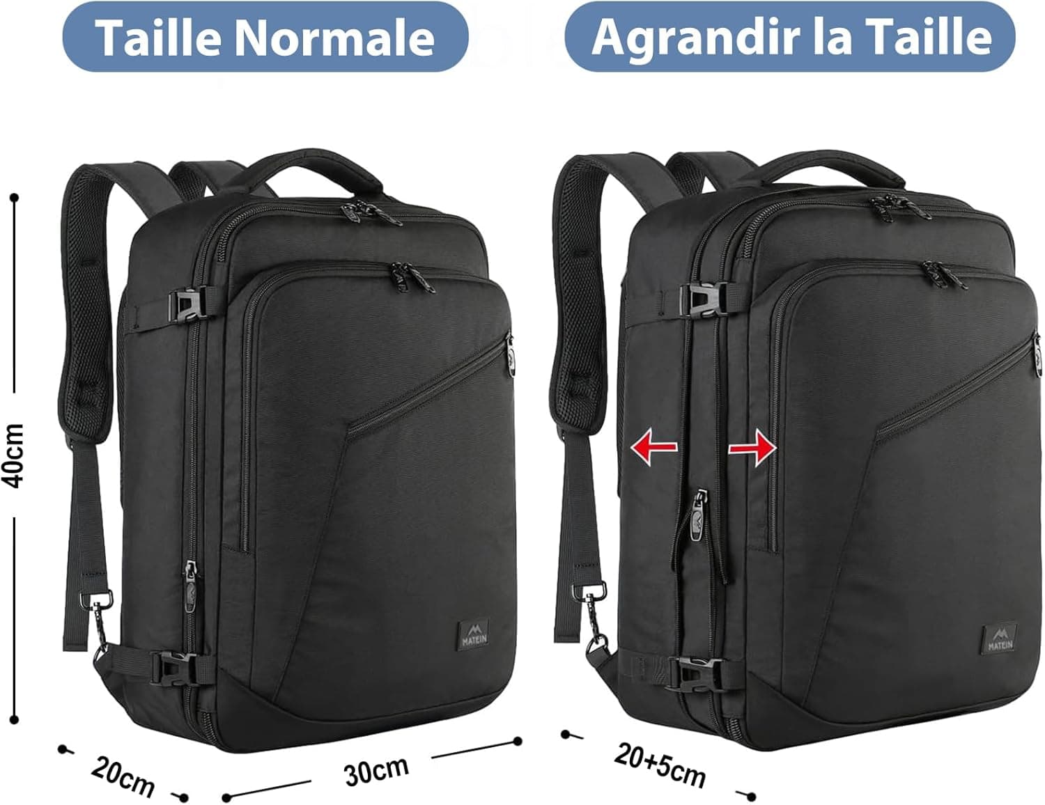 MATEIN Bagage Cabine 40x30x20, Sac a Dos Voyage Cabine Avion avec Ryanair | 40x30x20, Extensible Sac a Dos 30L, Imperméable Bagage a Main Femme Homme pour Scolaires Loisirs Travail, Noir