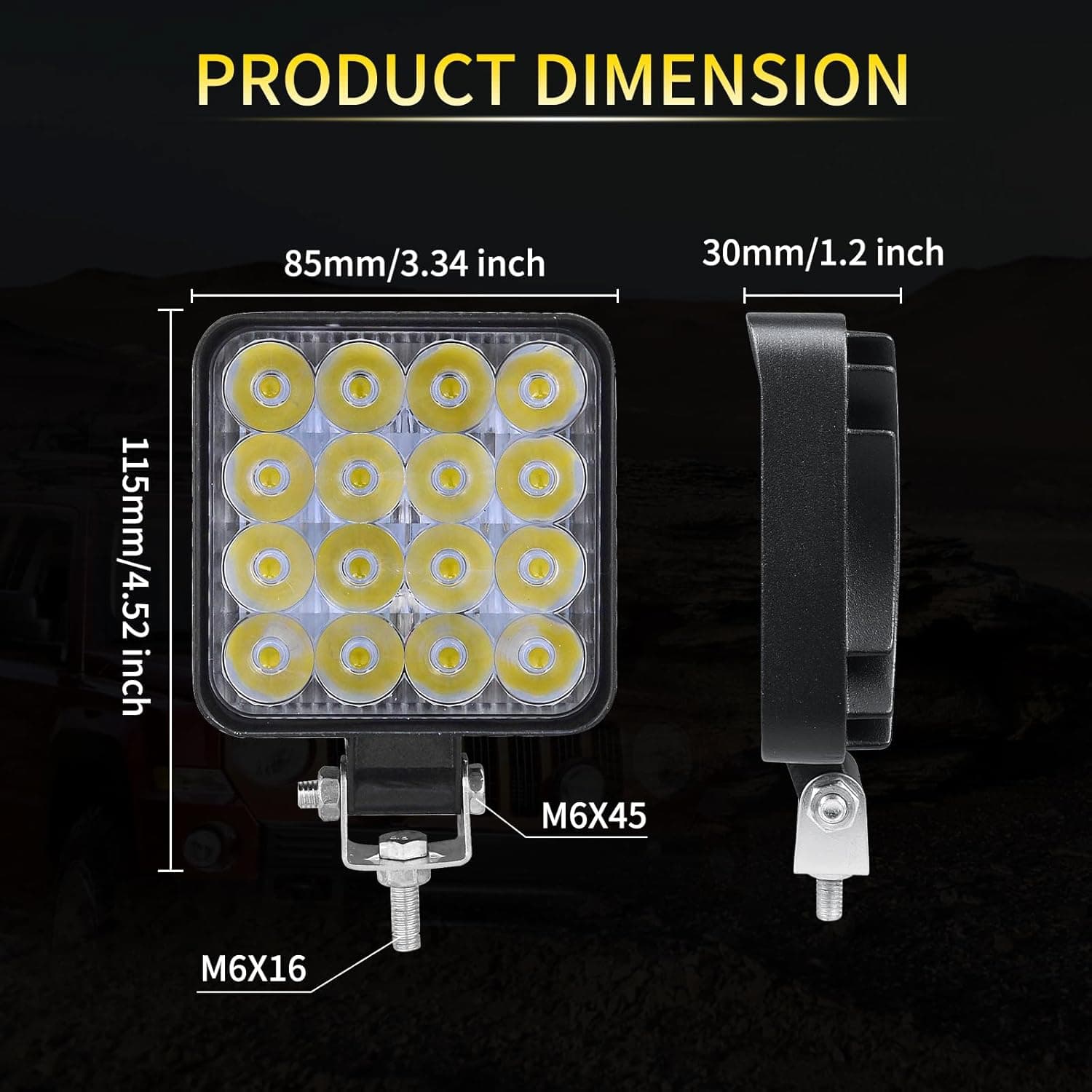 RIGIDON 4x carré phare de travail led, 3,3 pouces mini 48W 12V 24V lampe | étanche, 6000K blanc, projecteurs lumière, feux de travail, feu antibrouillard, pour offroad Voiture camions ATV 4x4 tracteur