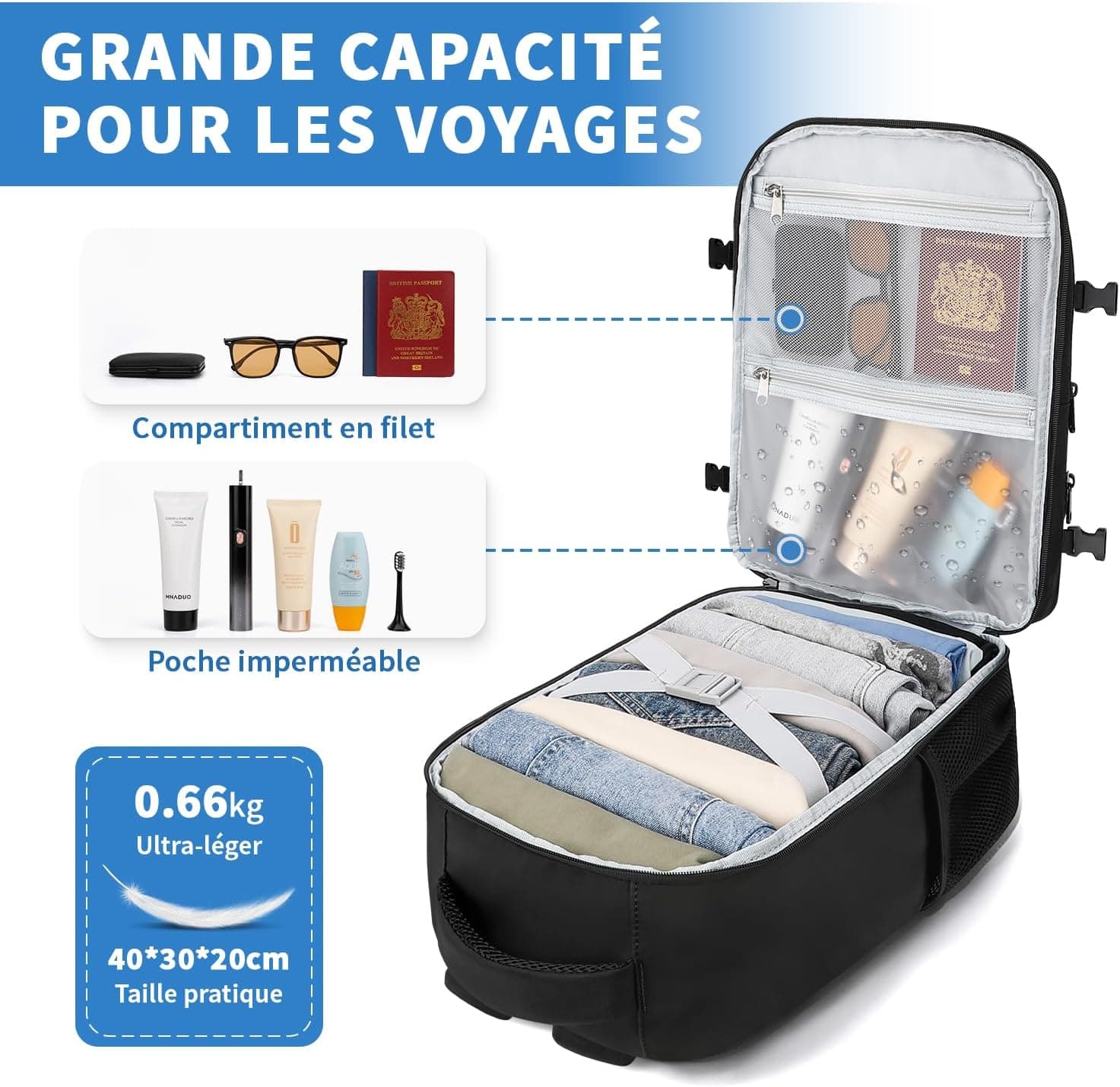 ZOMFELT Bagage Cabine 40x30x20, 24L Sac à Dos Voyage Cabine Avion | Étanche Sac Cabine Avion Femme Homme Sac de Voyage pour Wizzair Eurowings Ryanair , Sac à dos cabine pour PC 15 pouces, Noir