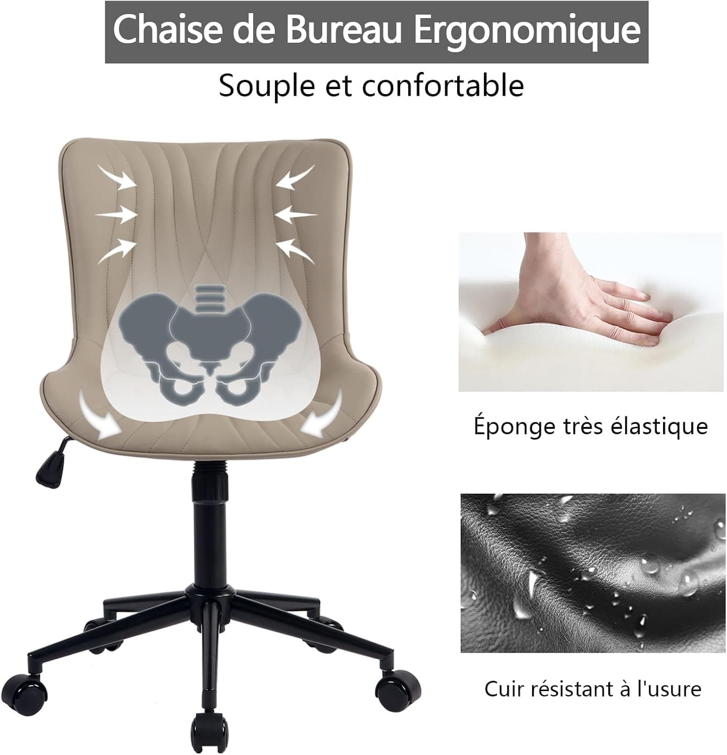 YOUTASTE Chaise de Bureau Ergonomique, Queue de Poisson, Siège Pivotant avec roulettes, Réglable en Hauteur, Cuir PU, Confortable et Modernee, pour Bureau ou Maison, Capacité 136kg, Kaki