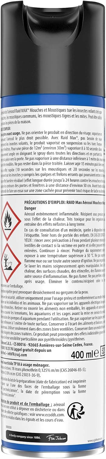 Raid Max Aérosol Mouches & Moustiques Action Rapide Longue Durée 400 ml