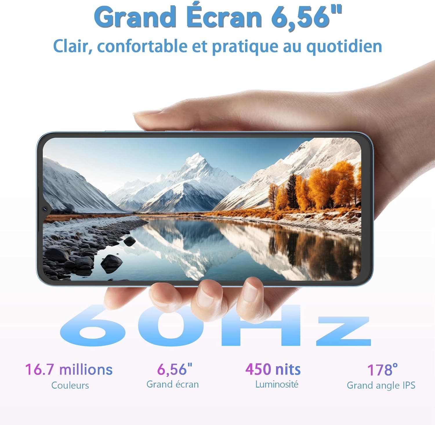 Telephone Portable Android, 6Go+64Go/TF 2To, Octa Core, Écran 6.56" HD+, Batterie 5000mAh Smartphone, 13MP+8MP, Smartphone Pas Cher 4G Dual SIM, Face ID/GPS/3Ans De Garantie - Bleu
