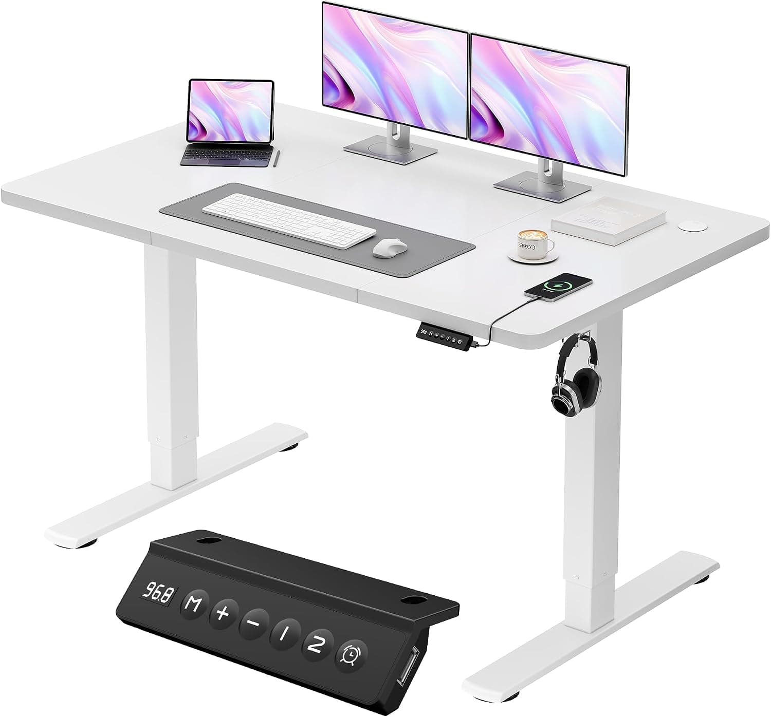 JUMMICO Bureau Assis-Debout Électrique 120x60cm, USB & 2 Mémoires, Blanc