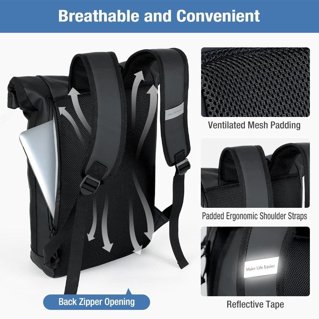 Lekeinchi Sac à Dos Rolltop Elegant Homme Femme Portable PC 17 Pouces, Noir | Imperméable, Rains Sac à Dos avec Bandes Réfléchissantes, Sac à Dos de Voyage Extensible Décontracté Travail College