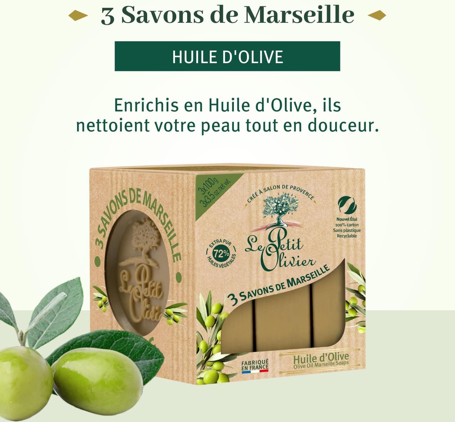 LE PETIT OLIVIER 3 Savons de Marseille à l'Huile d'Olive 3x100g