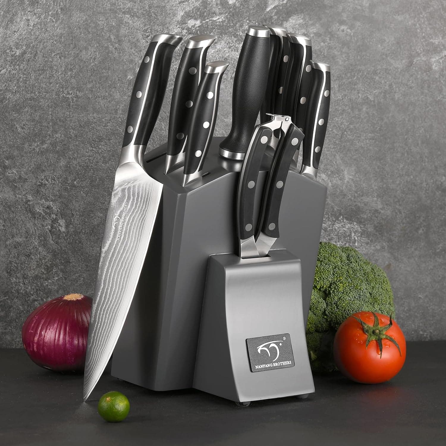 NANFANG BROTHERS Damas 9 Pièces Set Couteaux de Cuisines Professionnels 67 Couche Acier with Bloc en Bois Gris