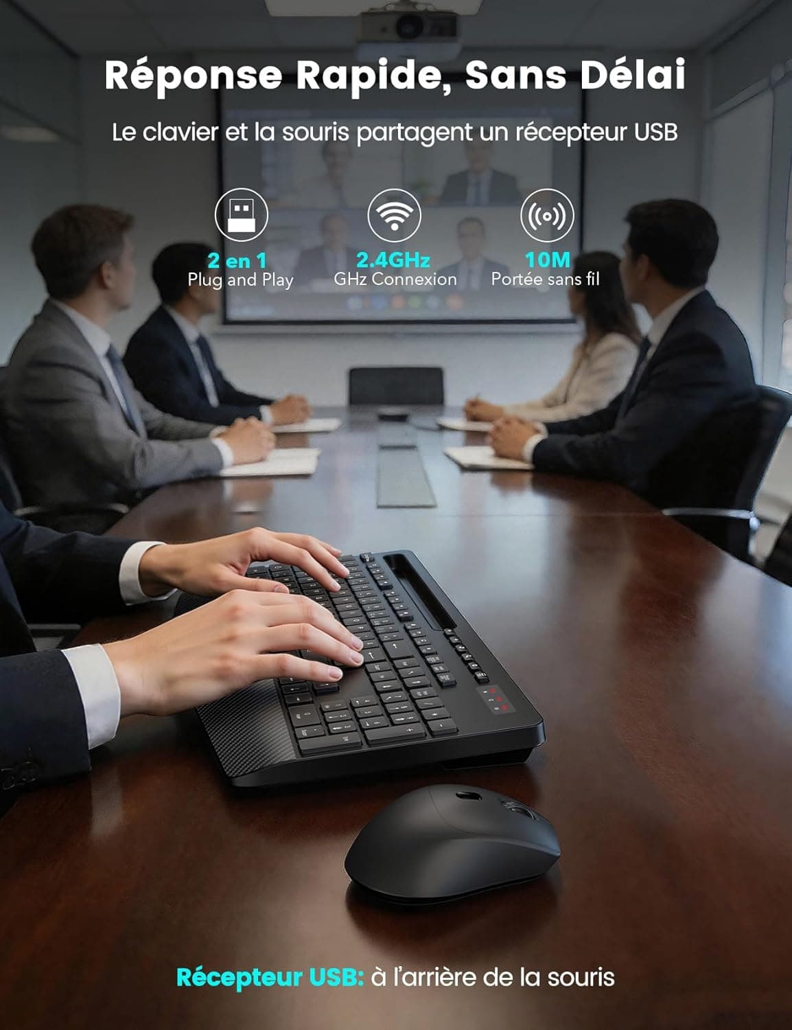 Clavier et Souris sans Fil, Ergonomique Pleine Taille, Repose-Poignet, 3DPI | Support, Mode Veille, 12 Raccourcis Clavier, 2,4 GHz Silencieux Clavier Souris pour Windows, PC, Laptop, AZERTY-KM23 (Noir)