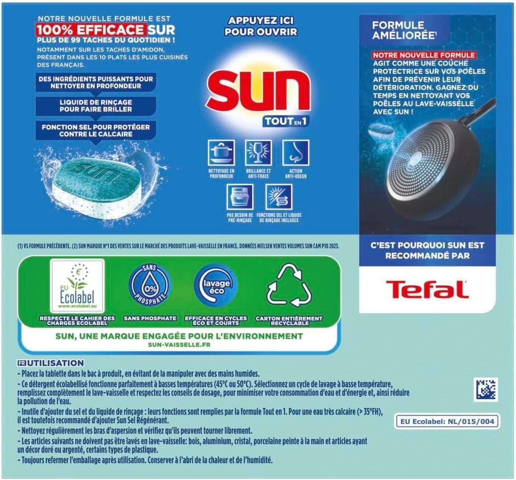 SUN - pastilles lave-vaisselle Tout en 1 Hygiène - 46 tablettes - avec 85% d'ingrédients d'origine naturelle - 100% efficace sur + de 99 taches