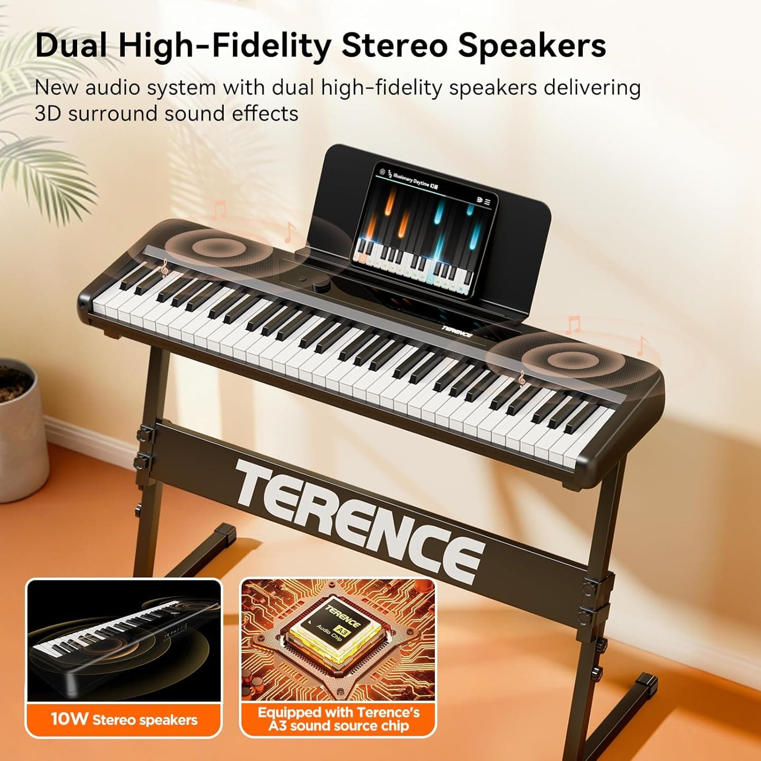 TERENCE Piano Électrique 61 Touches Portable – Clavier Numérique avec Support Touches Sensibles 128 Sons MIDI Idéal pour Enfant & Adulte Instrument de Musique Polyvalent
