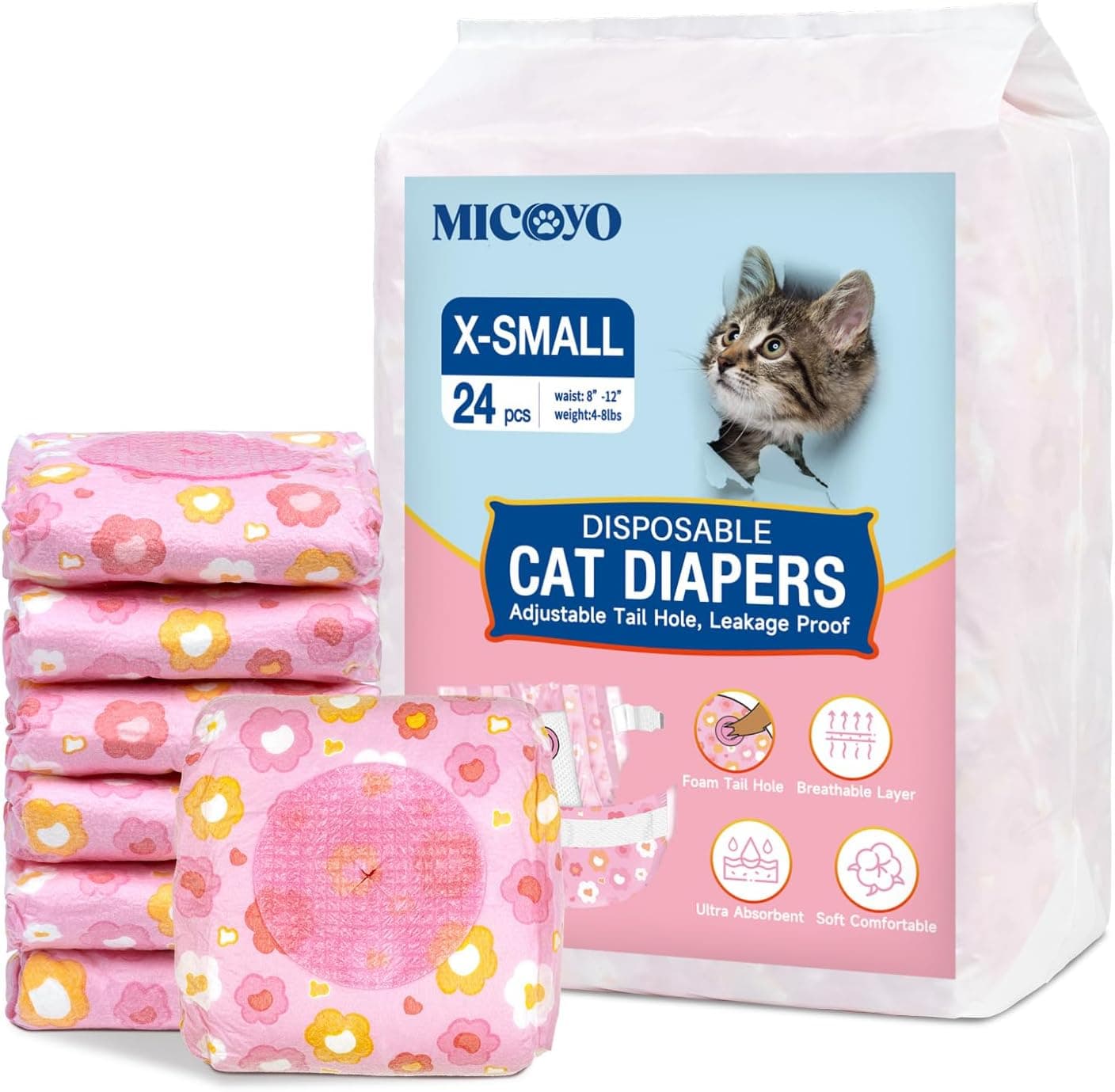 MICOOYO Lot de 24 Couches pour Chiens Femelles, Couches pour Chats Super Absorbantes avec Trous en Mousse Réglables, Pantalons de Couches Jetables pour Chiens Femelles en Chaleur (XS,Fleur Rose)