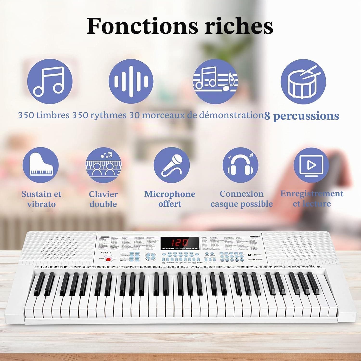 Vangoa Clavier de Piano 61 Lumineuses Mini touches Clavier électronique Piano avec microphone, 3 modes d'enseignement, 350 sons, 350 rythmes, 30 démos, Blanc