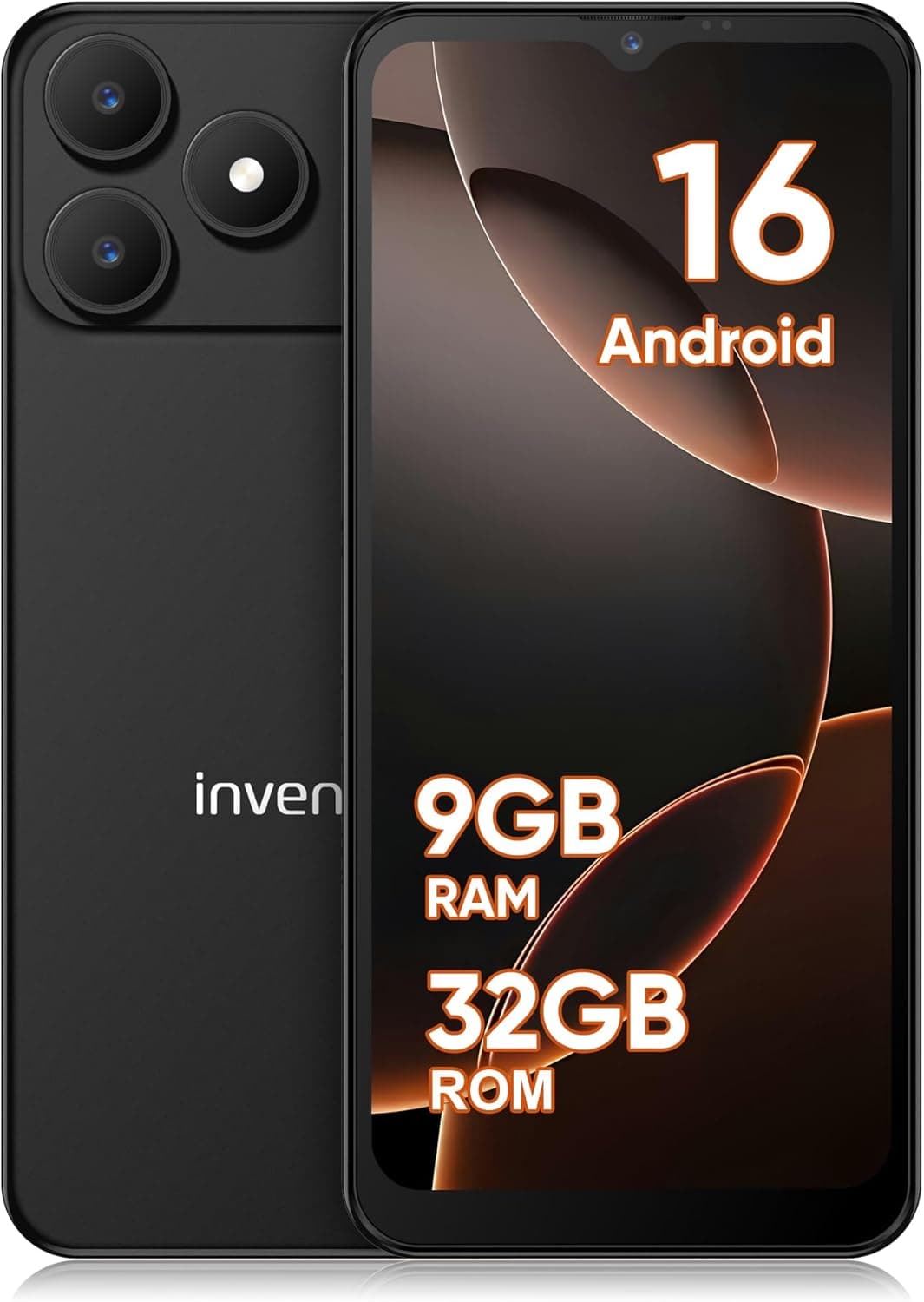 invens Note 15P Téléphone Portable 4G Débloqué, Smartphone Android 16 Go, 9 Go (3+6)+32 Go/256 Go TF, Caméra 16+5 MP, Écran 6,6" HD+, Batterie 3500 mAh, Double SIM, GPS, OTG, USB-C, Face ID, Noir Mat