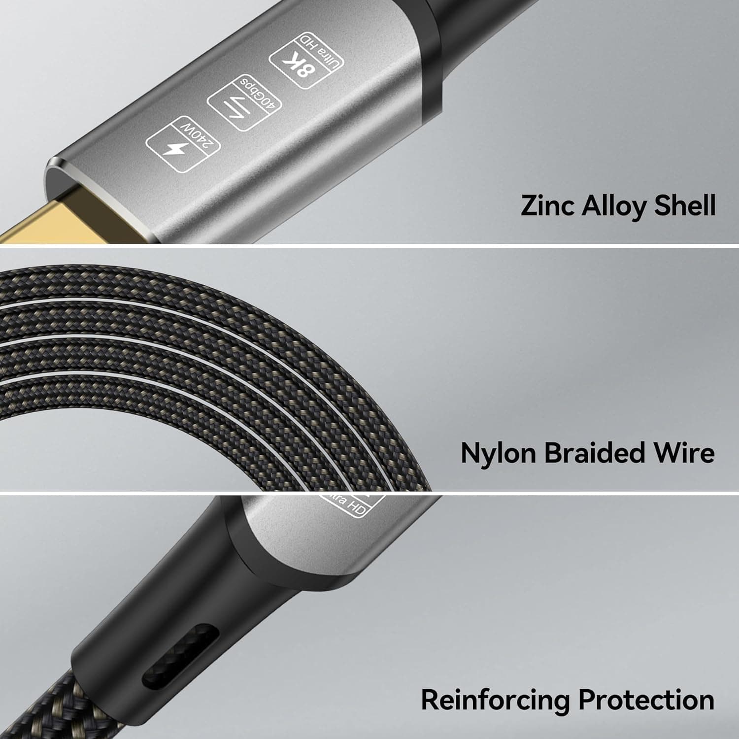 Câble d'extension USB 4 Thunderbolt 4 240 W 8K USB C M/M Charge rapide 40 Gbit/s Câble de transmission de données 8K @ 60 Hz 4K @ 144 Hz Compatible avec MacBook M1 M2 M3 (0,5 m)