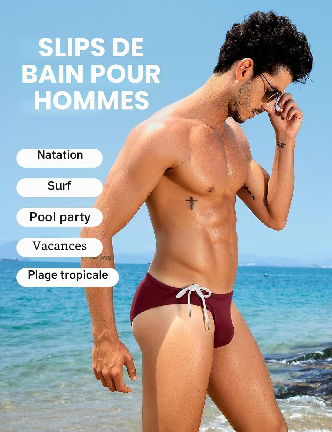 Casey Kevin Slips de Bain Homme Maillot de Bain Bikini Slips Taille Basse Swim Briefs pour Piscine Plage Cordon de Serrage Ajustable