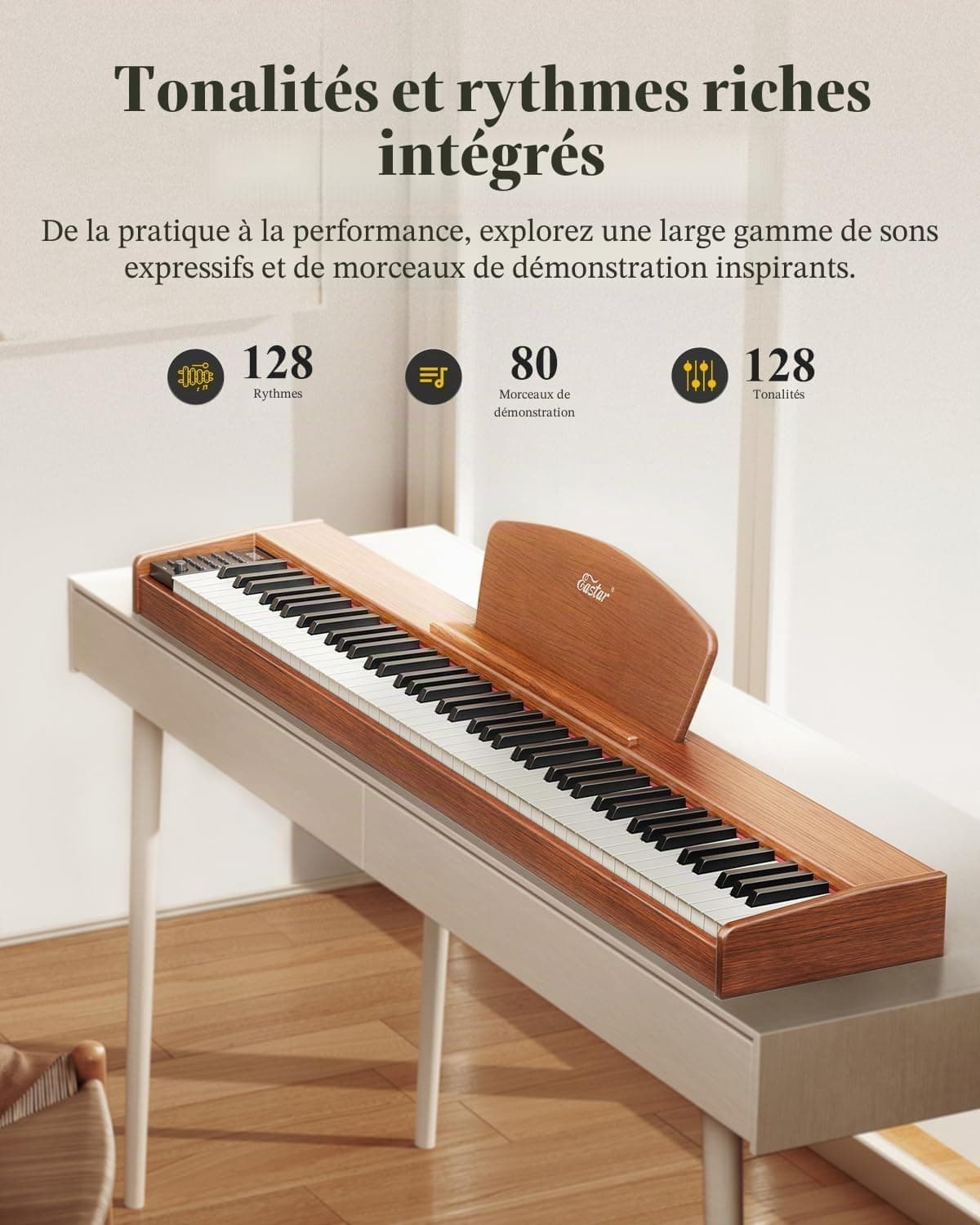 Eastar EP-80 Clavier Piano 88 Touches, Clavier Électrique Pleine Taille avec Touches Sensibles à la Vélocité, Ensemble Piano Numérique Portable pour Débutants avec Support, Pédale et Casque, Marron