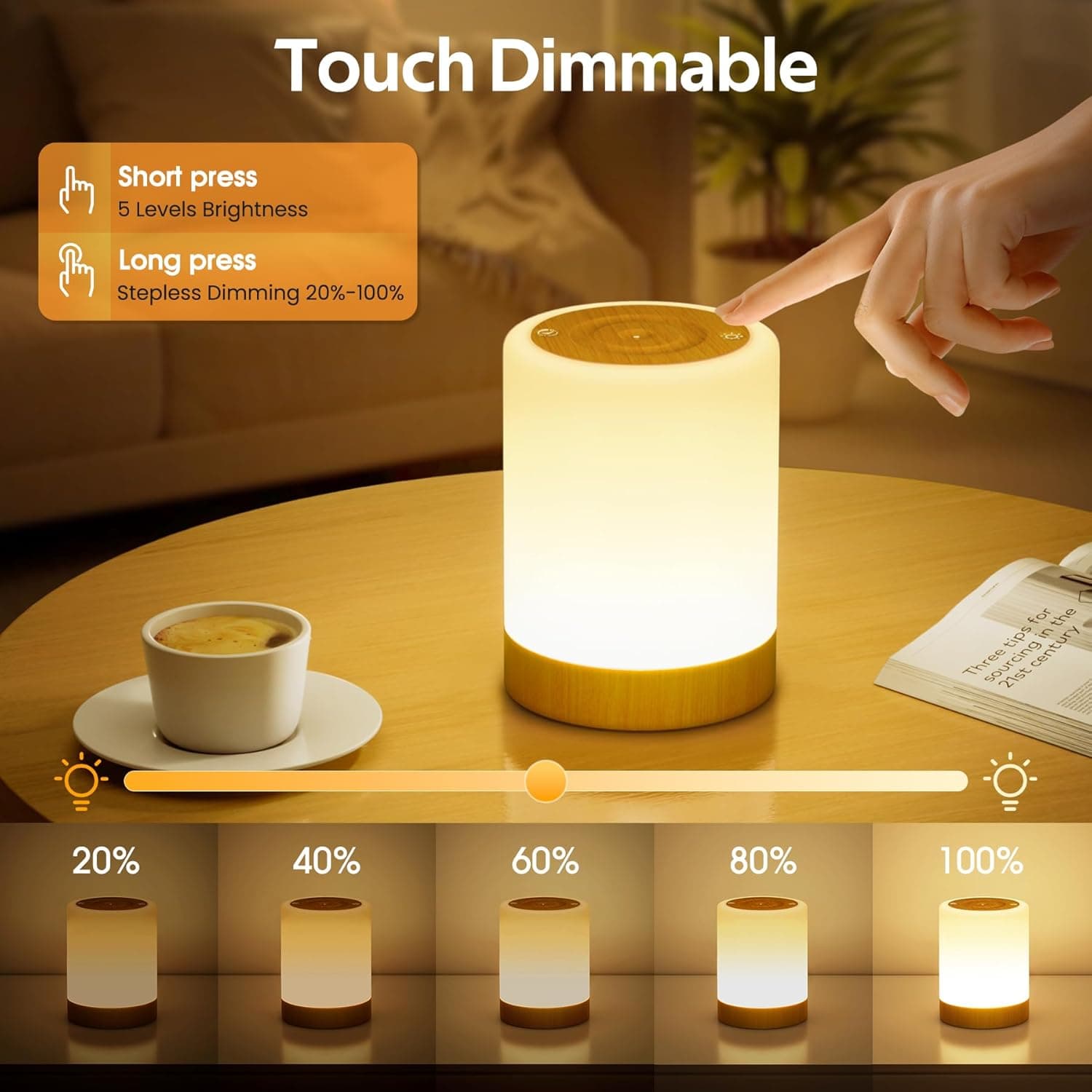 Lampe de Chevet Tactile Dimmable, Veilleuse Bébé Enfant Adulte