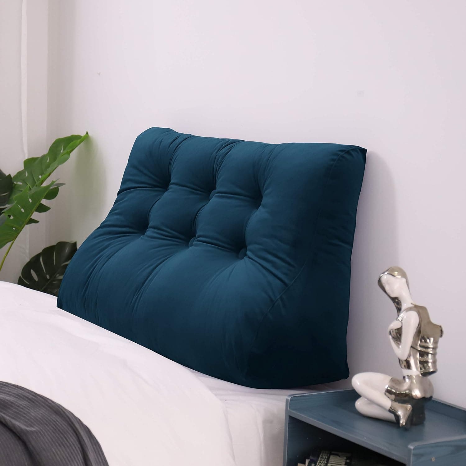 Johnear Coussin de Dossier Haut rembourré pour canapé lit Dossier Grand Triangle, Double Boutonnage Oreiller lit Coussin de Lecture, Coussin Lombaire, Coussin de Dos en Velours (Bleu foncé 100cm)