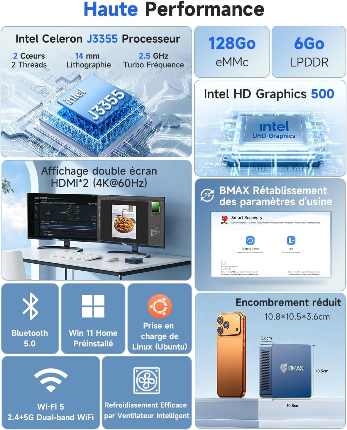 BMAX B1Plus Mini PC Win 11 Home, Intel Celeron J3355(jusqu'à 2,5 GHz)