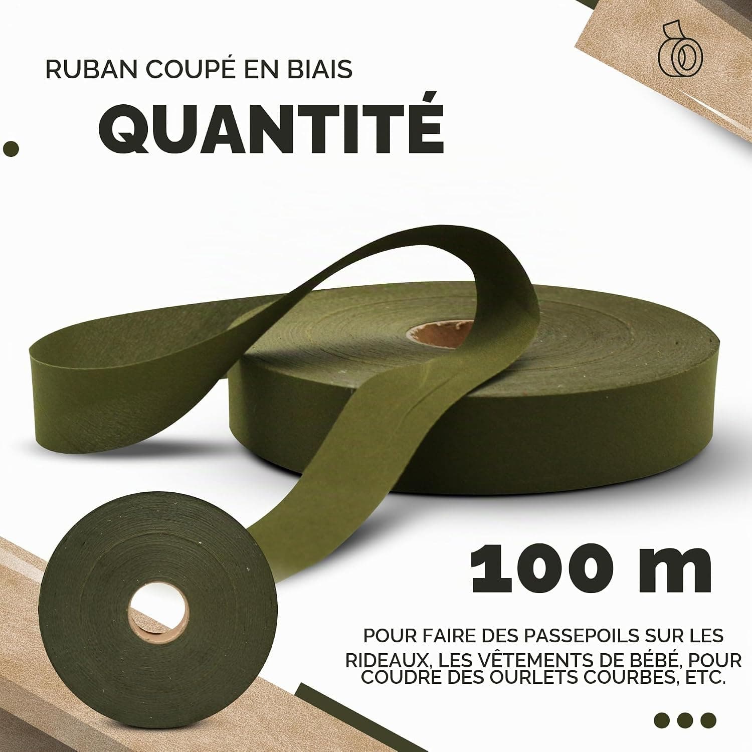 DOJA Barcelona | Biais de Couture Vert | 1 Rouleau Biais Couture 100m | Large 50mm | Ruban Vert Polyester | Biais au Metre | pour Ruban Couture, Passepoil Couture, Galon Couture, Mercerie Biais