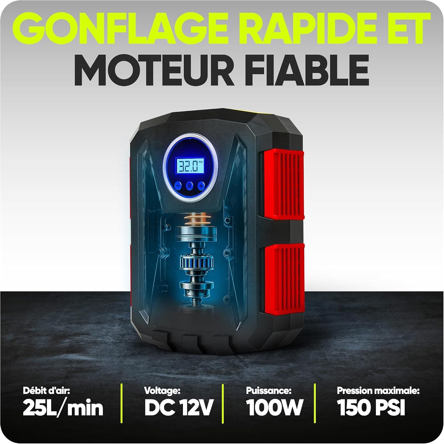 FORTEM Gonfleur pneus Voiture - Compresseur 12V - Compresseur à air portatif Automatique (150 PSI) - Gonfleur Pneu Voiture avec éclairage LED - Compresseurs d'air Portatifs - Moto & Vélo