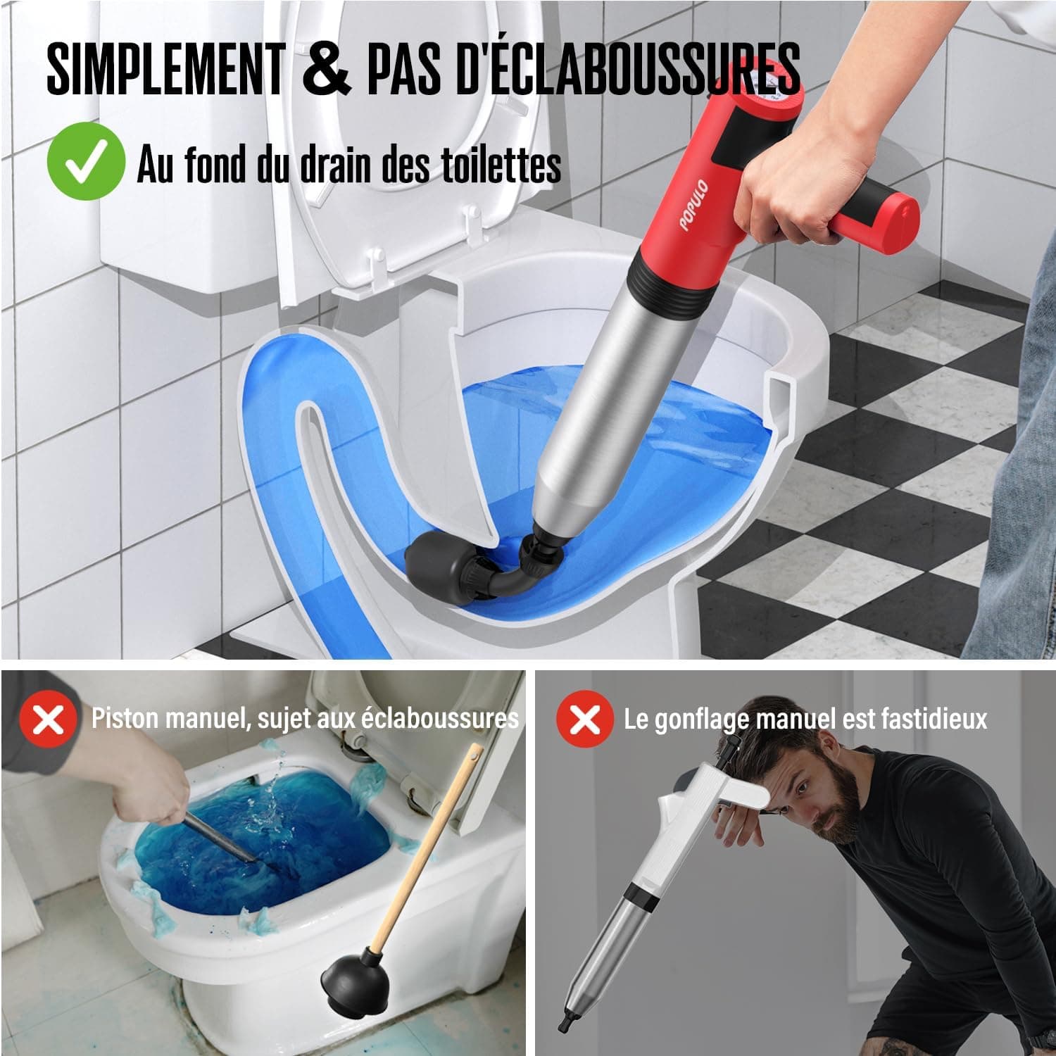 POPULO électrique Déboucheur à Ventouse, Déboucheur de toilettes électrique Swift haute pression, Air Comprimé Déboucheur de canalisations pour Toilette, WC, bain, lavabo, douche