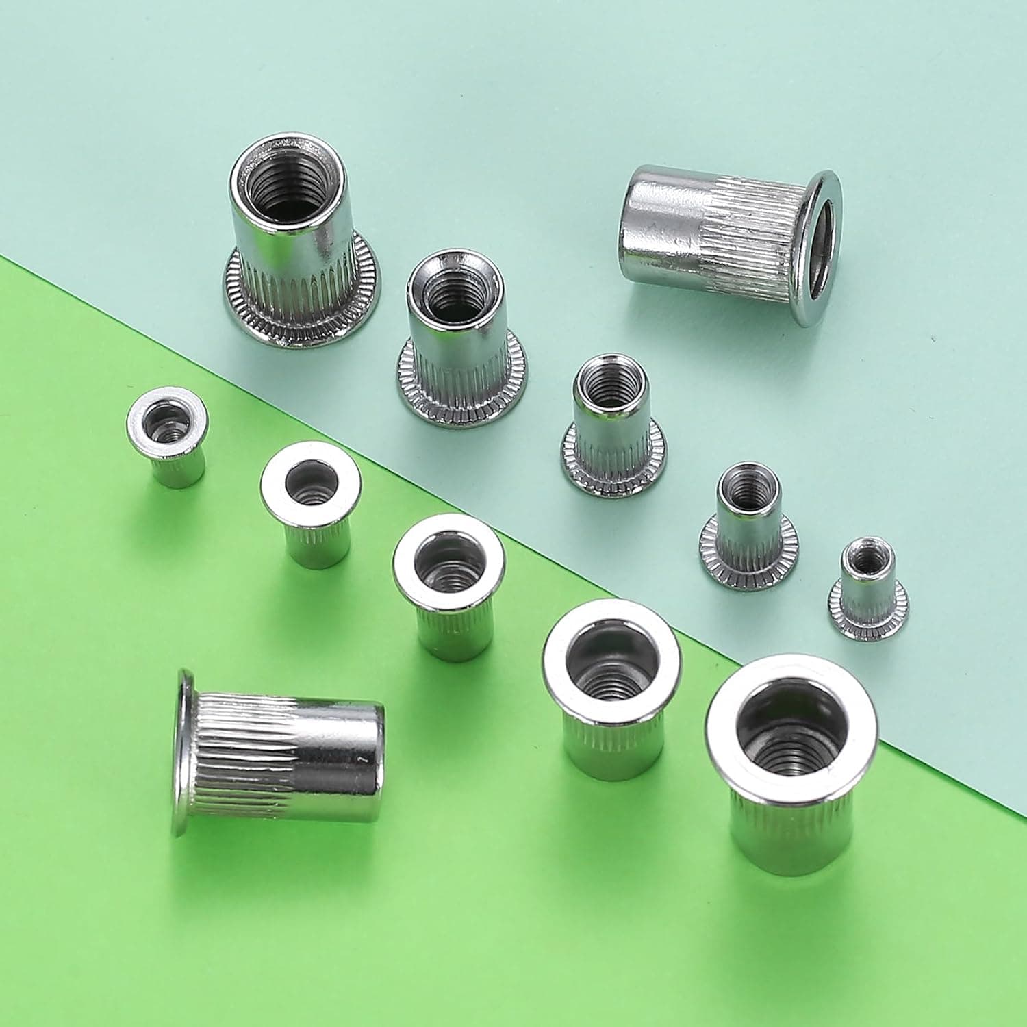 165 Pièces Écrou à Rivet, Écrous à Rivets, M3 M4 M5 M6 M8 Écrous Fileté à Tête Plate, Écrous à Riveter à Insert Fileté en Acier Inox, Inserts Filetés pour Métal, Bois, Aluminium