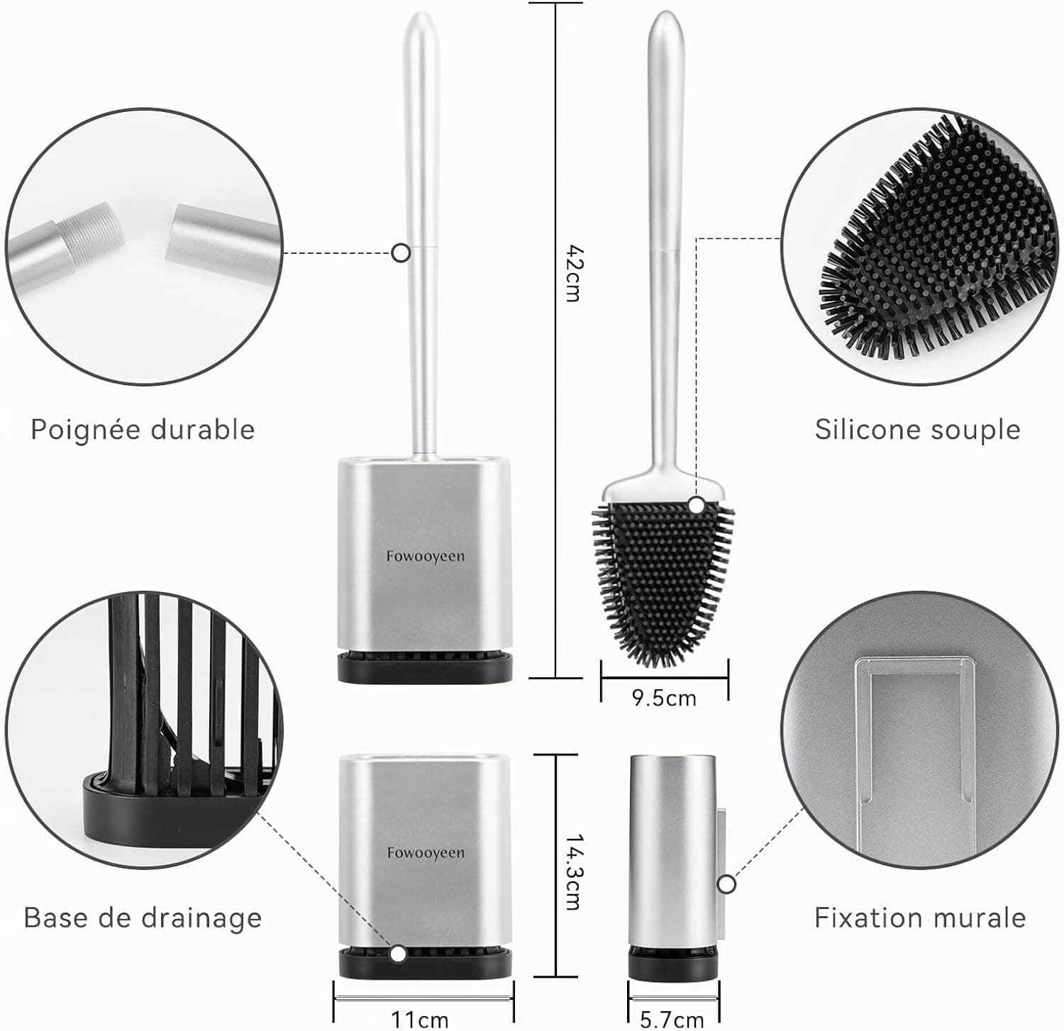Fowooyen Brosse Toilettes WC Silicone, Balayette avec Support, Argent