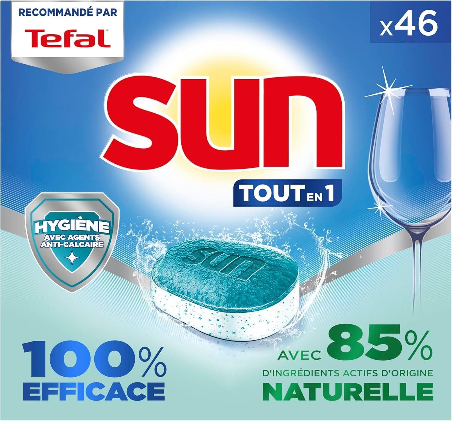 SUN - pastilles lave-vaisselle Tout en 1 Hygiène - 46 tablettes - avec 85% d'ingrédients d'origine naturelle - 100% efficace sur + de 99 taches