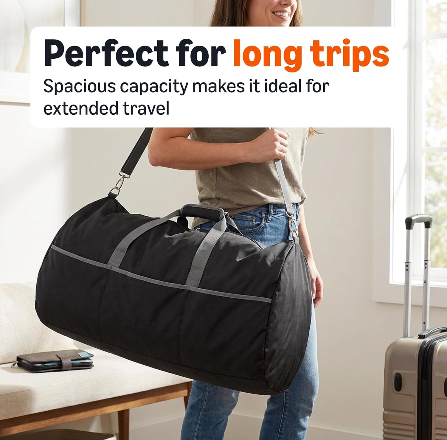Amazon Essentials Grand Sac de Voyage Nylon Pliable 82,3cm avec Poches Zippées, 150L, Capacité de 22,6kg, Noir (Anciennement Amazon Basics)