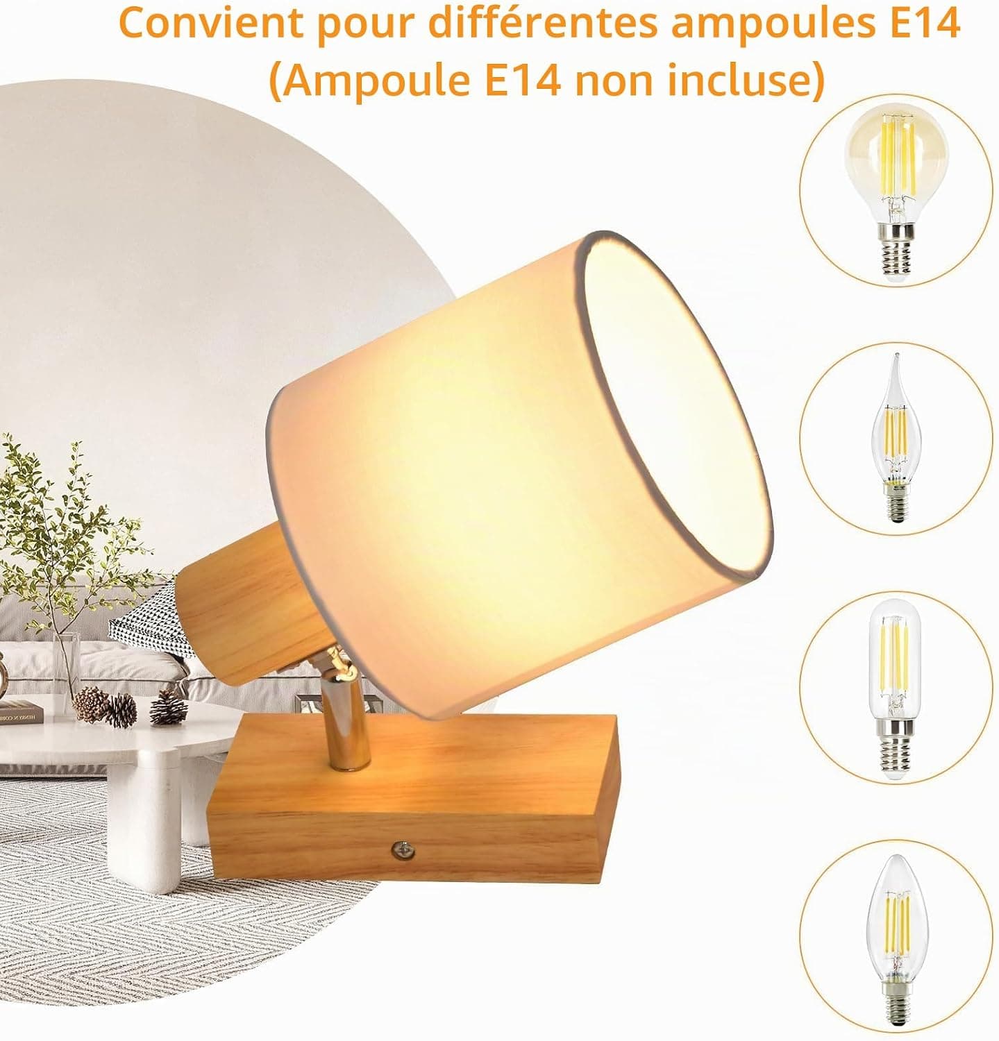 Glitzerlife Spot de Plafond Bois Applique Murale 1 Spot Plafonnier | LED Orientable E14 Vintage Luminaire Intérieurs pour Chambre Salon Cuisine Salle à Manger Max. 40 W(Sans Ampoules)
