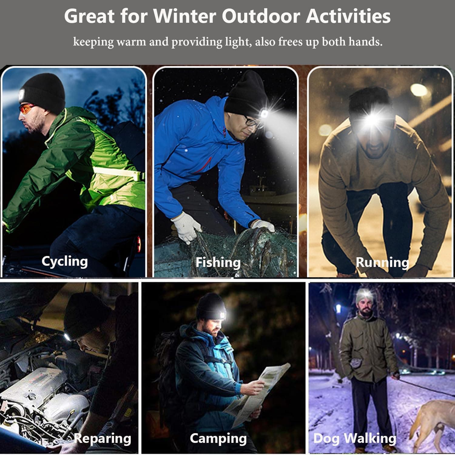 COTOP Bonnet Lumineux LED, Bonnet d'hiver Tricoté, Éclairage Frontale Mains Libres pour Course à Pied, Randonnée, Camping, Activités Nocturnes - Cadeau pour Hommes Femmes