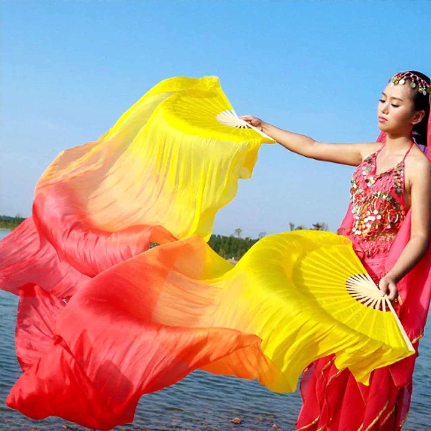 1 Paire D'éVentails De Danse du Ventre Voiles, Danse éVentails en Soie De Danse du Ventre éVentail Voile De Danse du Ventre, 1.8m, pour Les Grands Spectacles, RéPéTitions