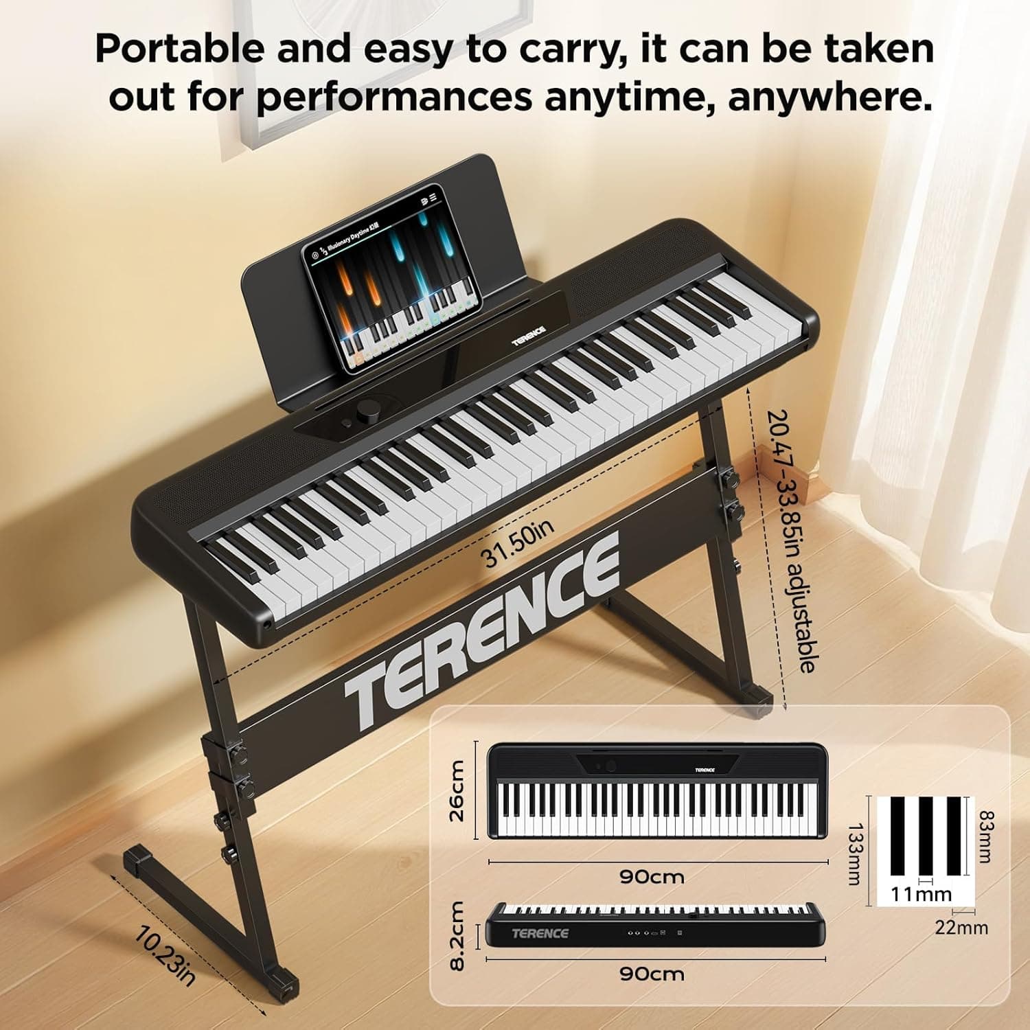 TERENCE Piano Électrique 61 Touches Portable – Clavier Numérique avec Support Touches Sensibles 128 Sons MIDI Idéal pour Enfant & Adulte Instrument de Musique Polyvalent