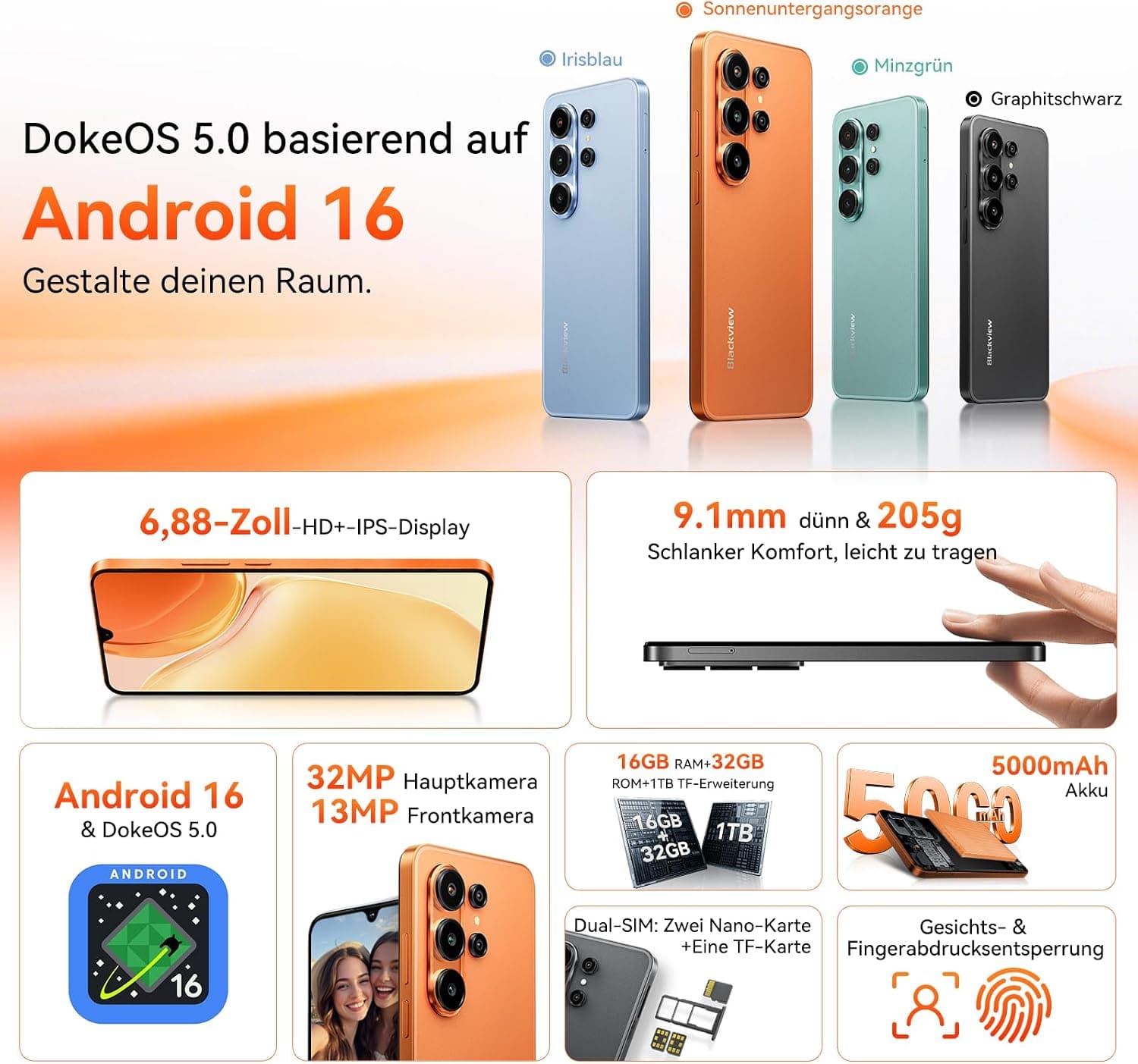 Blackview Wave 10C Telephone Portable 6,88" HD+, Smartphone Android 16, 16+32Go (ext 1To), Double SIM, 5000mAh, 32+13MP, Face ID/GPS/OTG, Compatible Orange, SFR, Bouygues, Free Mobile â Noir
