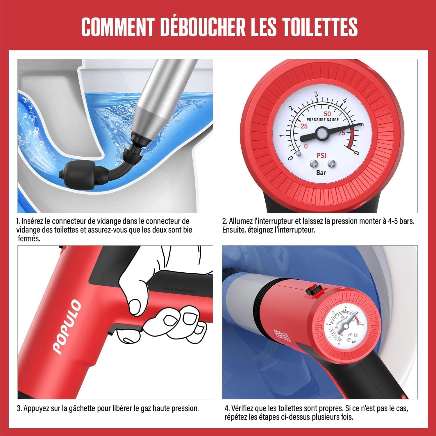 POPULO électrique Déboucheur à Ventouse, Déboucheur de toilettes électrique Swift haute pression, Air Comprimé Déboucheur de canalisations pour Toilette, WC, bain, lavabo, douche