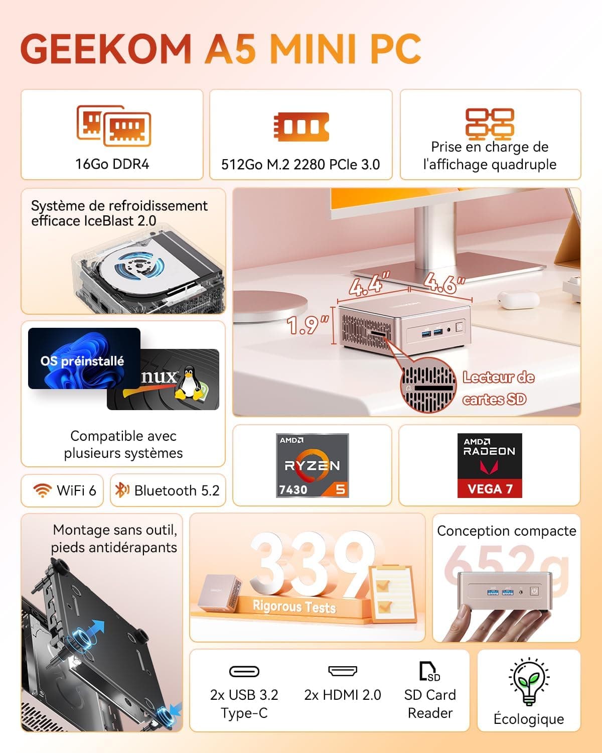 GEEKOM A5 Business Mini PC AMD Ryzen 7 7730U, 512Go SSD 16Go DDR4(Évolutif)