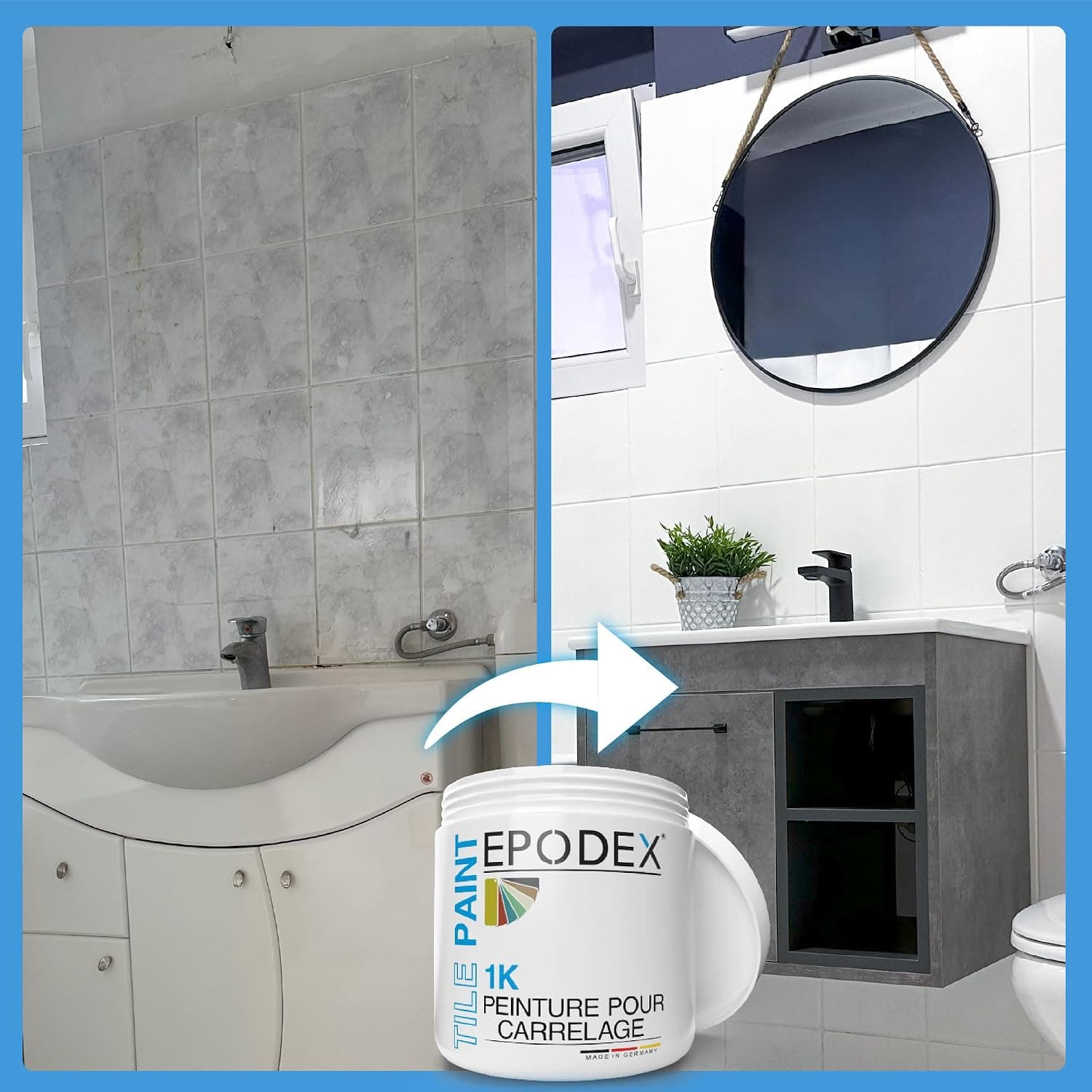 EPODEX 1K Peinture carrelage cuisine avec accessoires - Blanc Polaire | Vernis carrelage mur cuisine, salle de bain & plus, peinture satinée, 1 kg (une couche sur 8m2)
