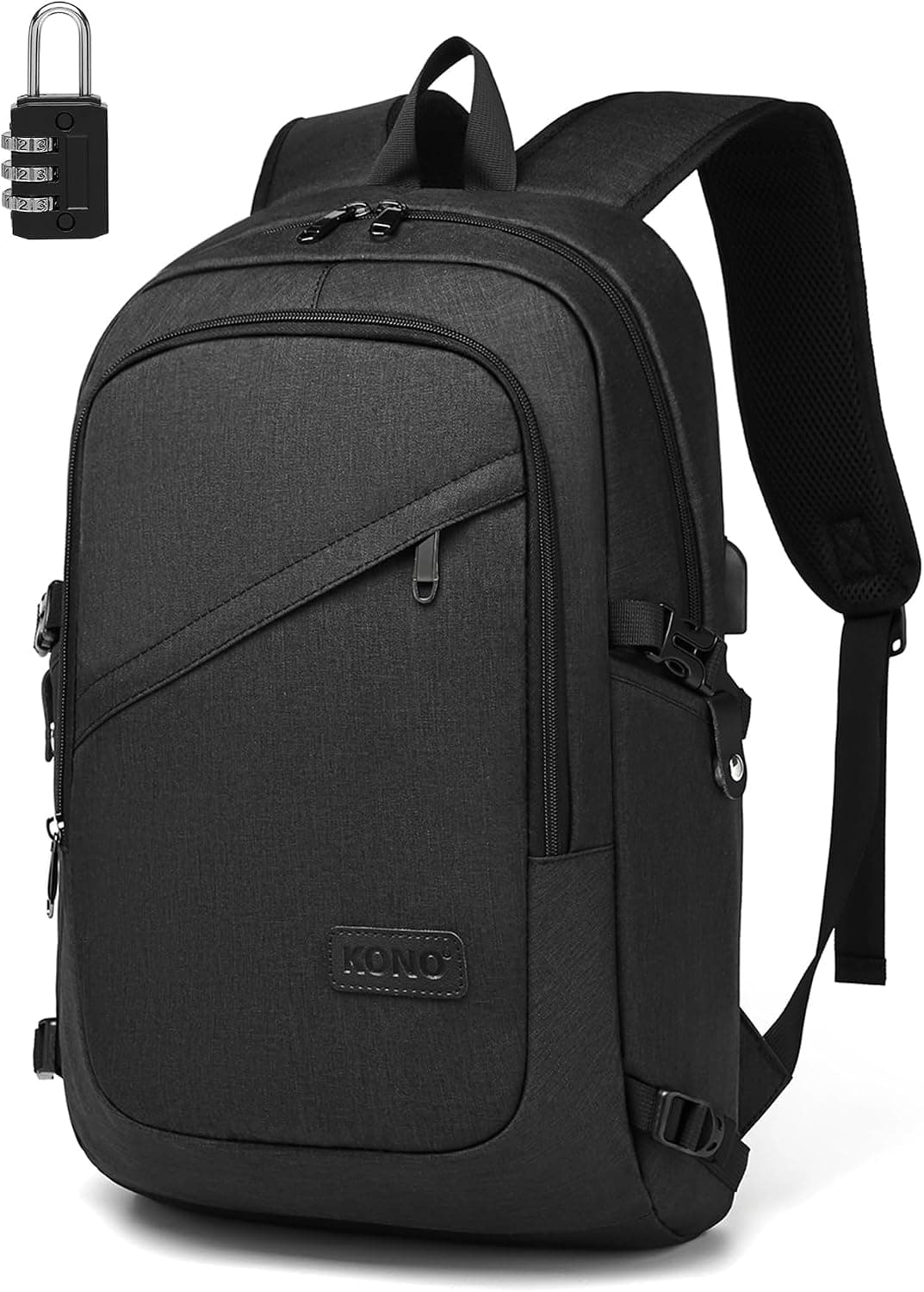 Kono Sac à Dos Ordinateur Portable Antivol avec Cadenas 15,6 Pouces Homme | Port USB, Compartiment PC Rembourré, Sac à Dos PC Portable, Homme Femme, Travail, Voyage, Vélotaf, Université, Noir