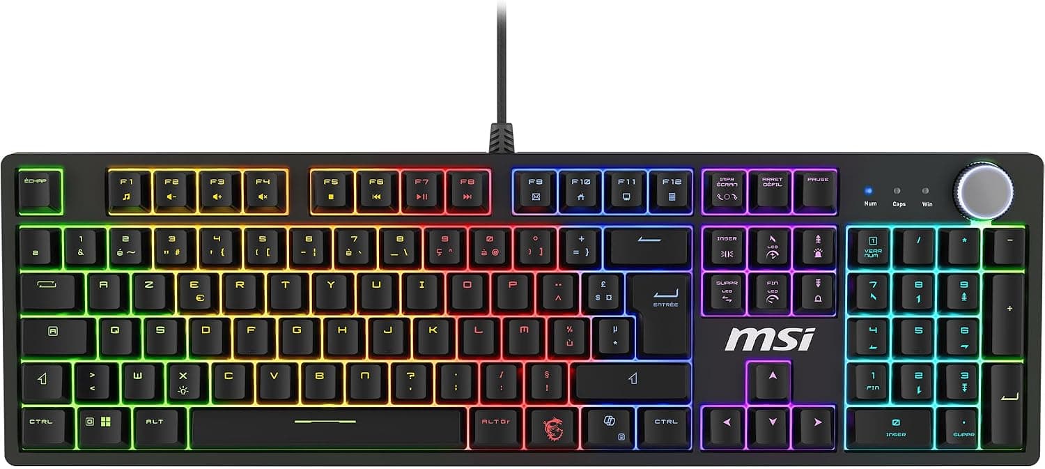 MSI Forge GK320 FR Clavier Gaming Mécanique - AZERTY, Disposition FR, switches Red (Linéaires) interchangeables, Couvercle magnétique, Touches ergonomiques, LED RGB, USB 2.0 - Pleine Taille
